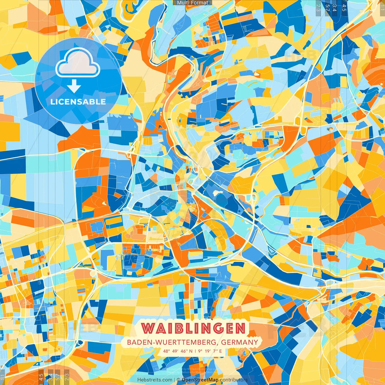 Waiblingen, Baden-Wuerttemberg, Germany blue and orange vector art map template