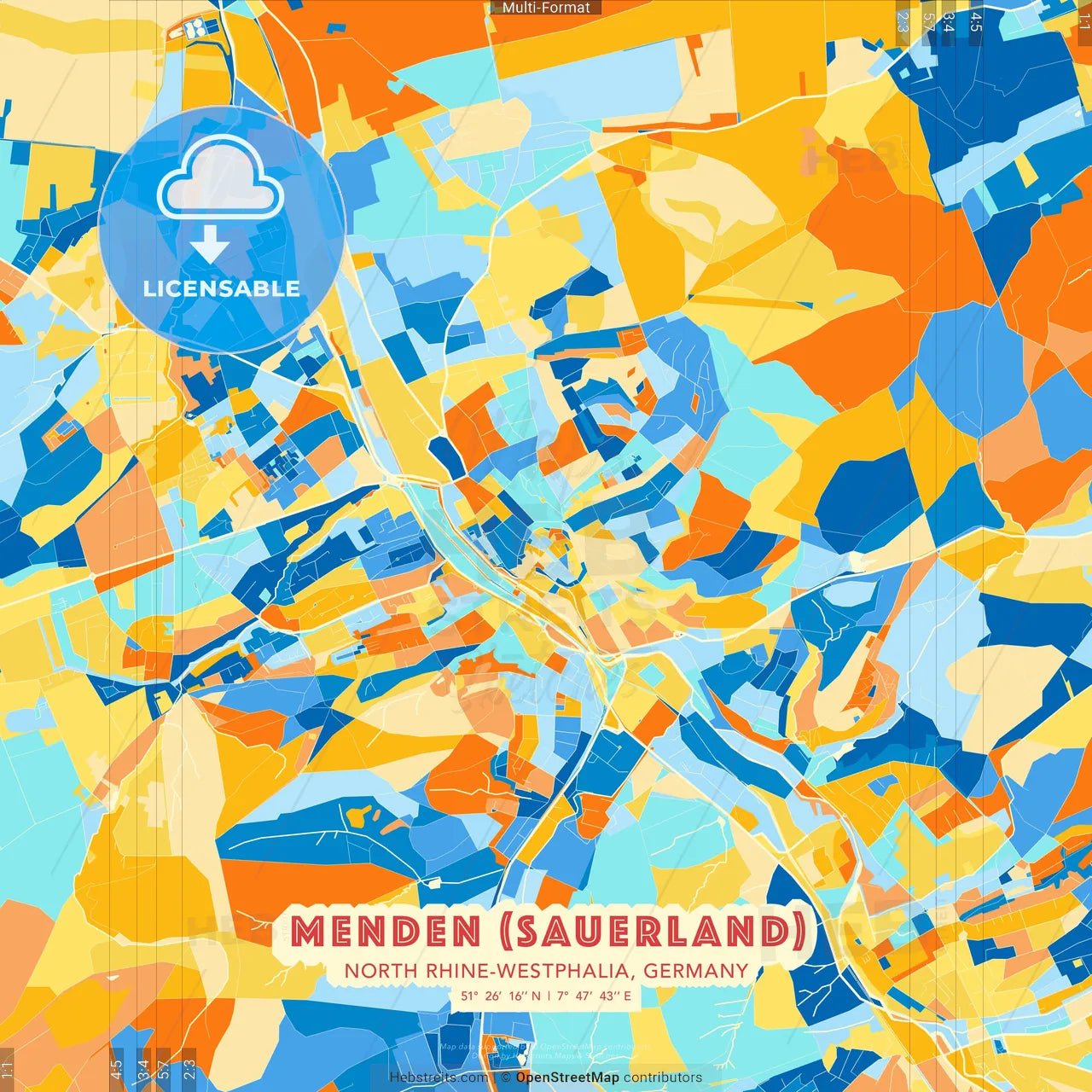 Menden (Sauerland), North Rhine-Westphalia, Germany blue and orange vector art map template