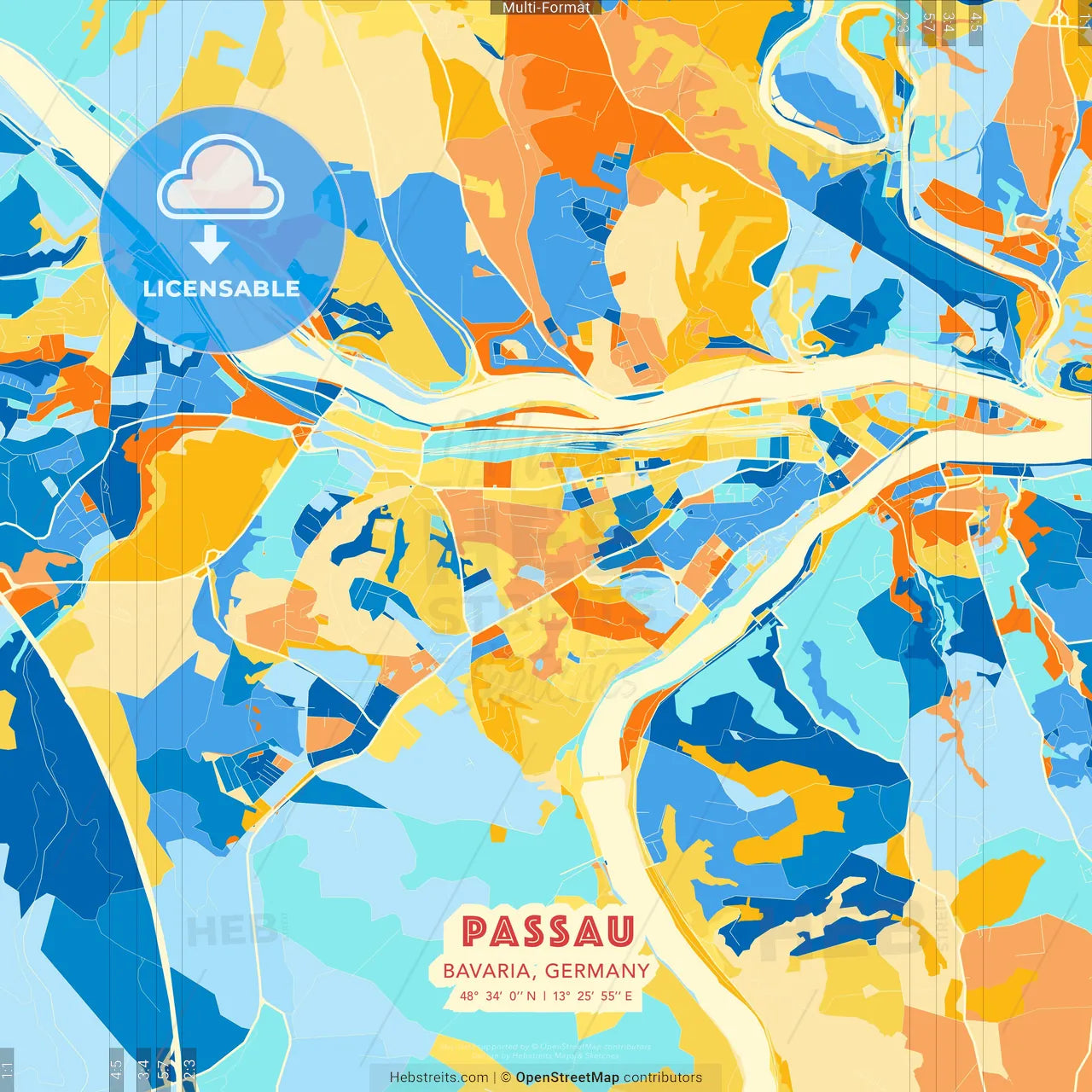 Passau, Bavaria, Germany blue and orange vector art map template
