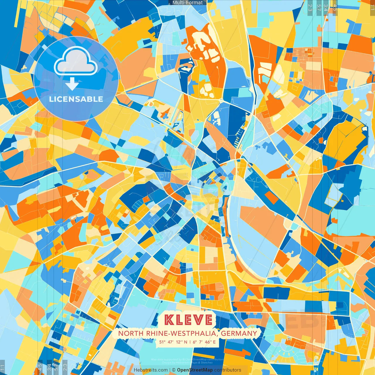Kleve, North Rhine-Westphalia, Germany blue and orange vector art map template