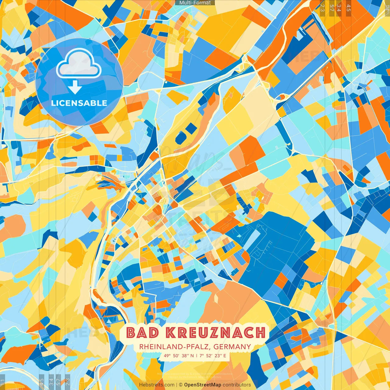 Bad Kreuznach, Rheinland-Pfalz, Germany blue and orange vector art map template