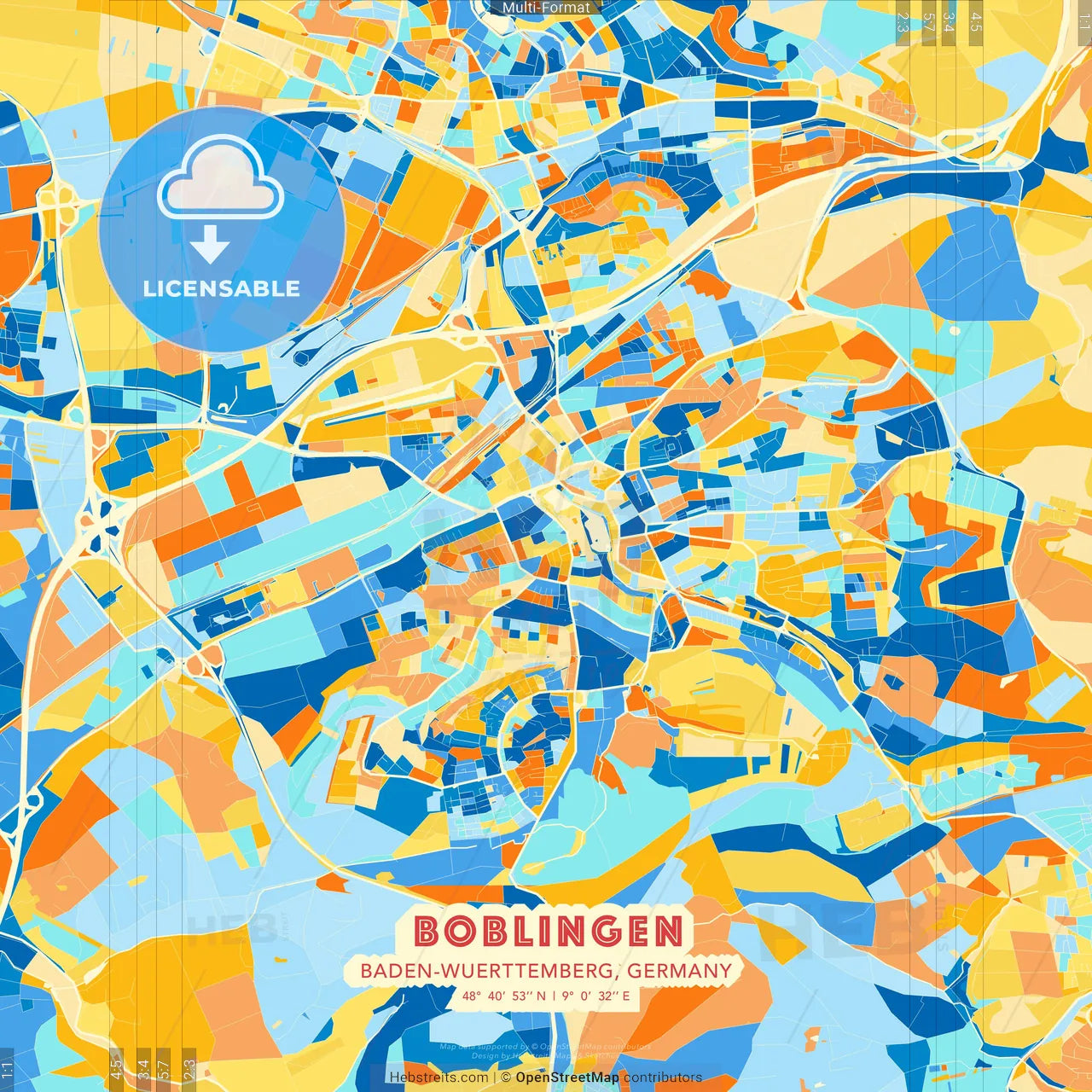 Boblingen, Baden-Wuerttemberg, Germany blue and orange vector art map template
