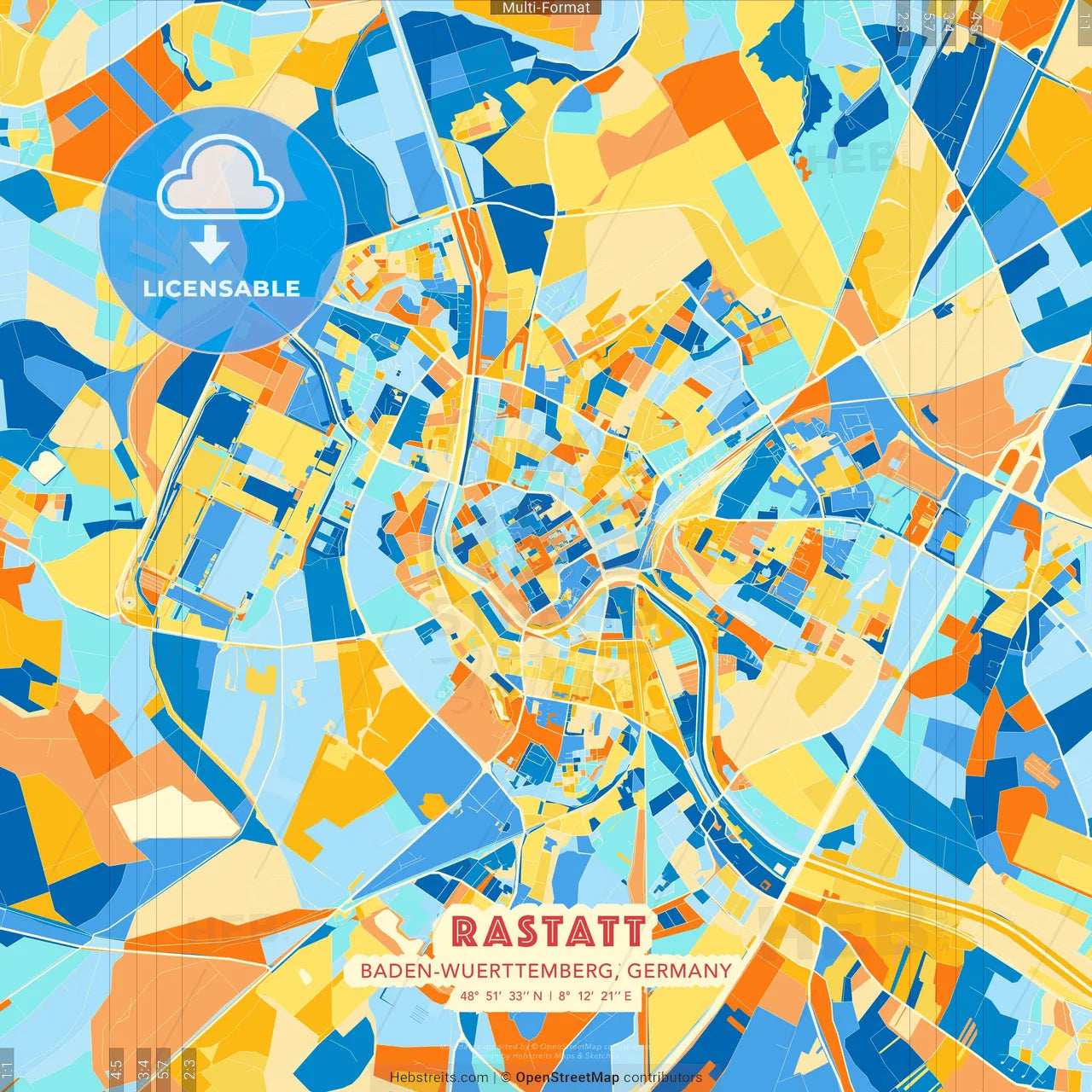 Rastatt, Baden-Wuerttemberg, Germany blue and orange vector art map template