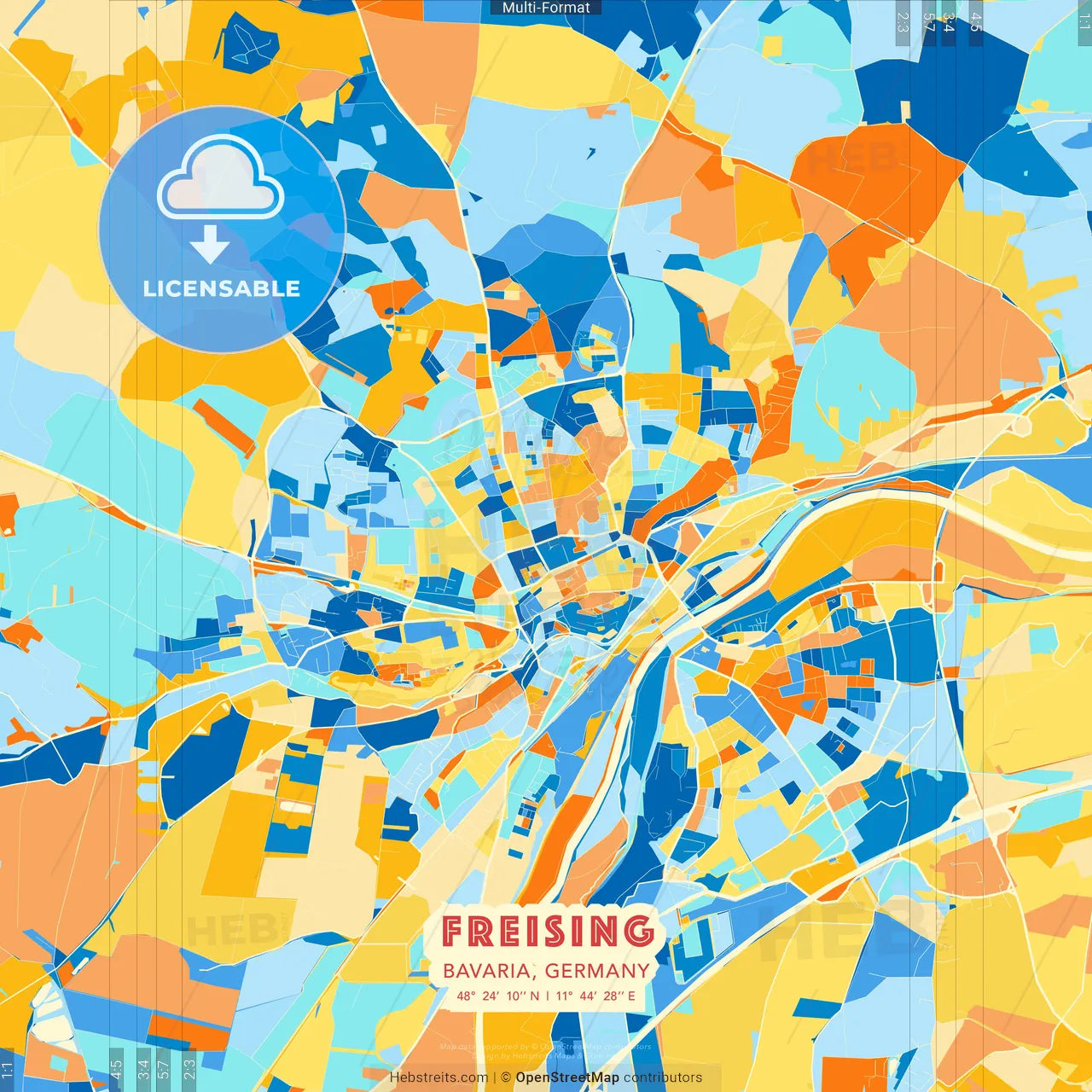 Freising, Bavaria, Germany blue and orange vector art map template
