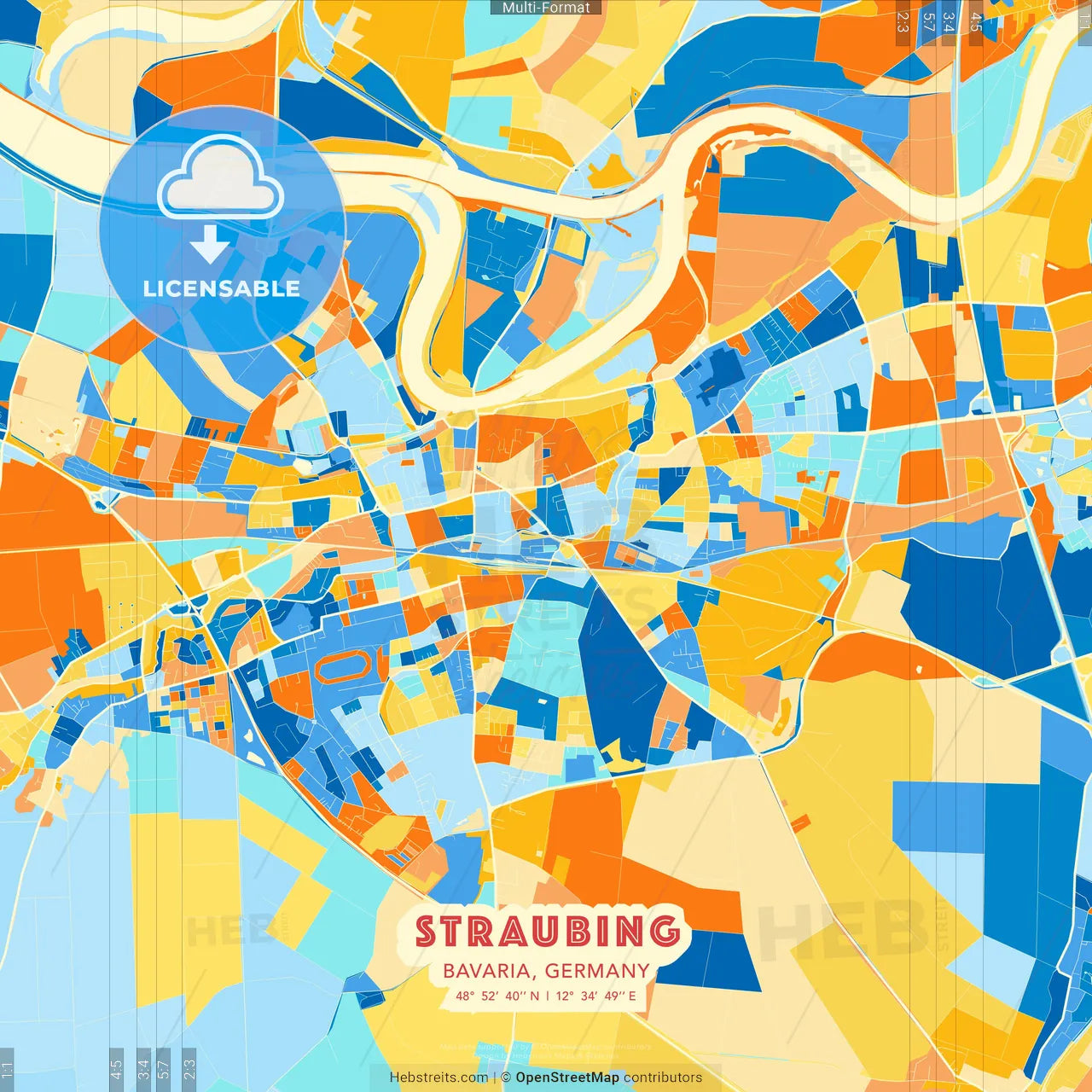 Straubing, Bavaria, Germany blue and orange vector art map template