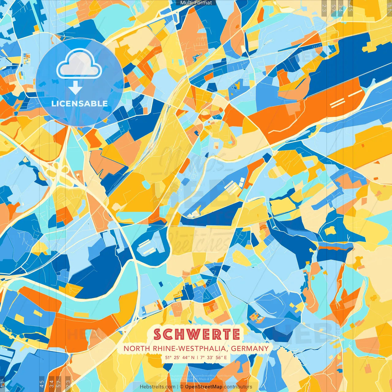 Schwerte, North Rhine-Westphalia, Germany blue and orange vector art map template