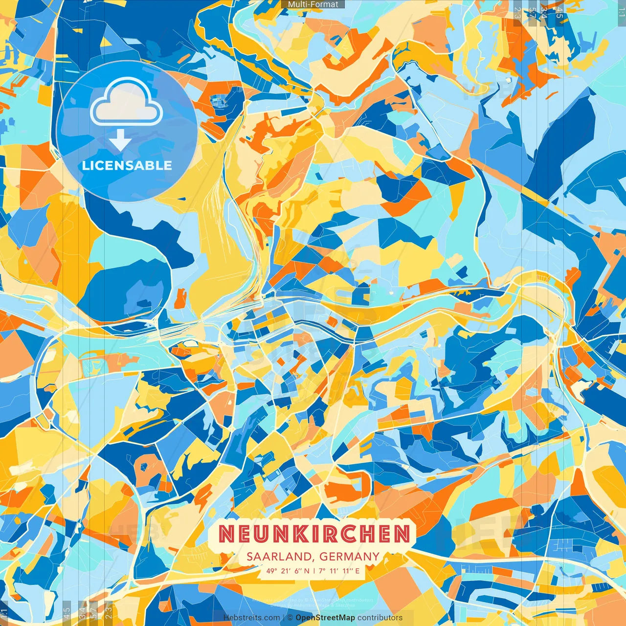 Neunkirchen, Saarland, Germany blue and orange vector art map template