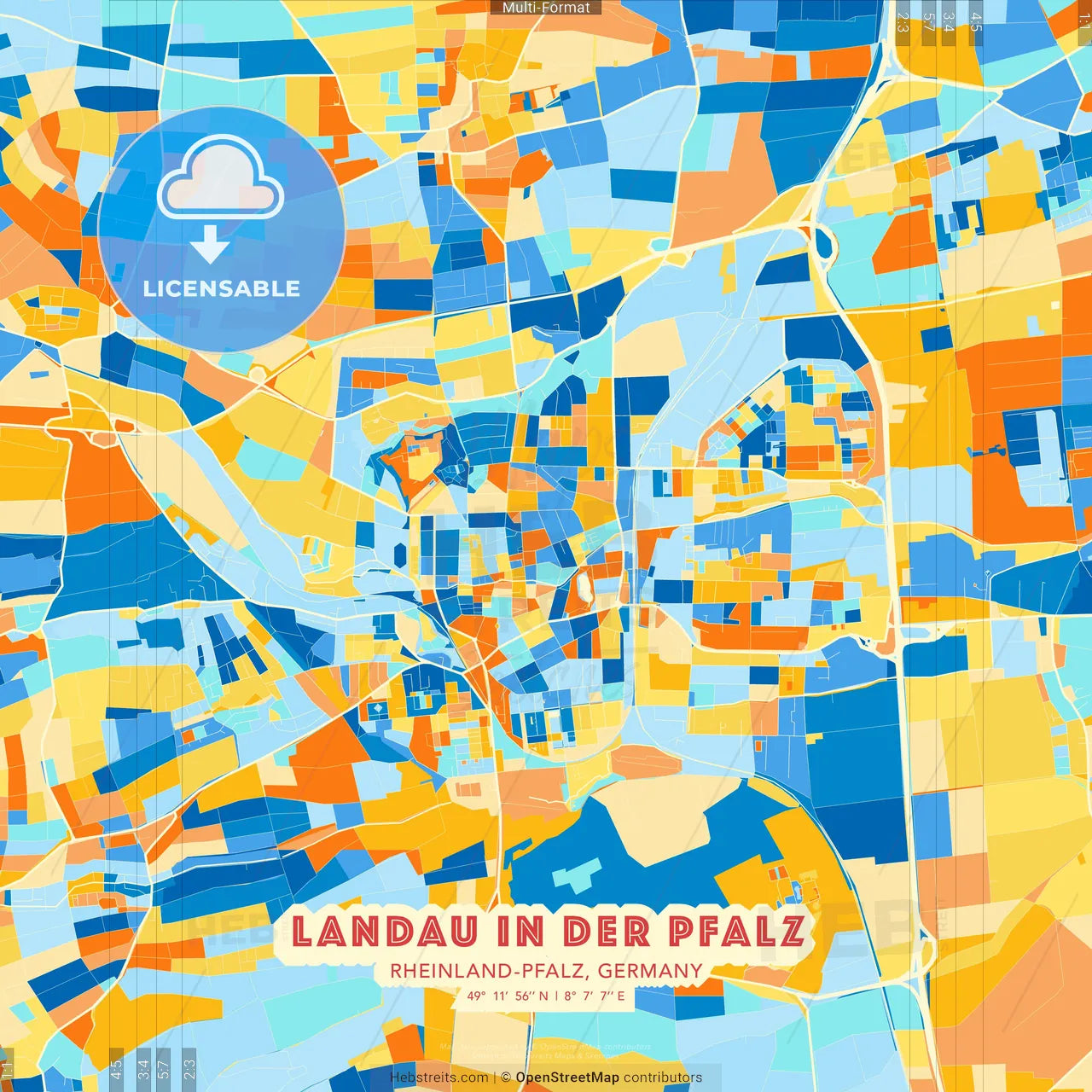 Landau in der Pfalz, Rheinland-Pfalz, Germany blue and orange vector art map template