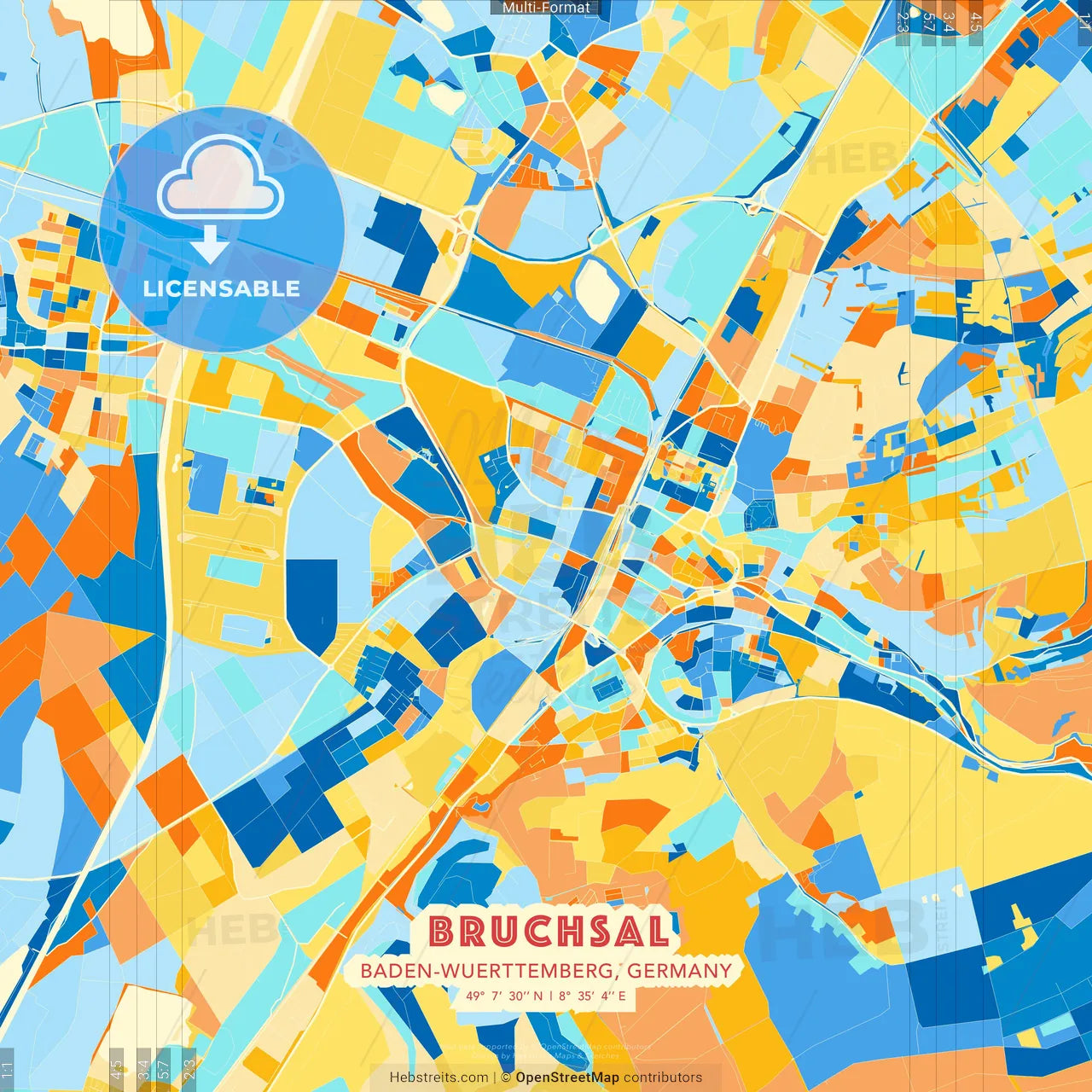 Bruchsal, Baden-Wuerttemberg, Germany blue and orange vector art map template