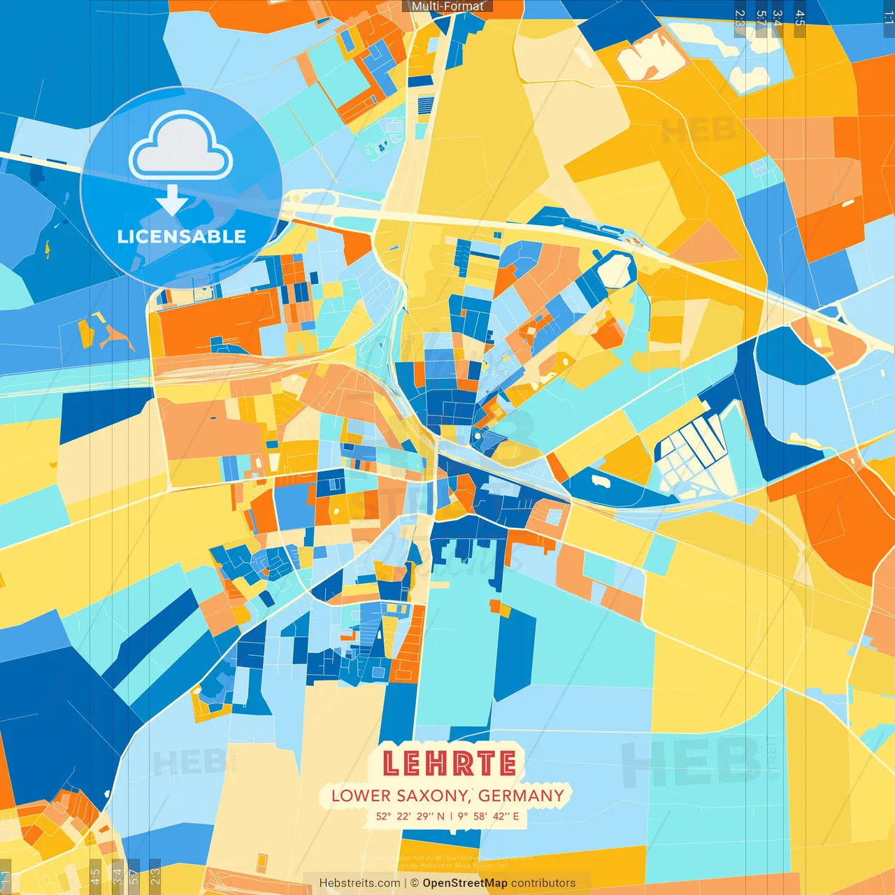 Lehrte, Lower Saxony, Germany blue and orange vector art map template