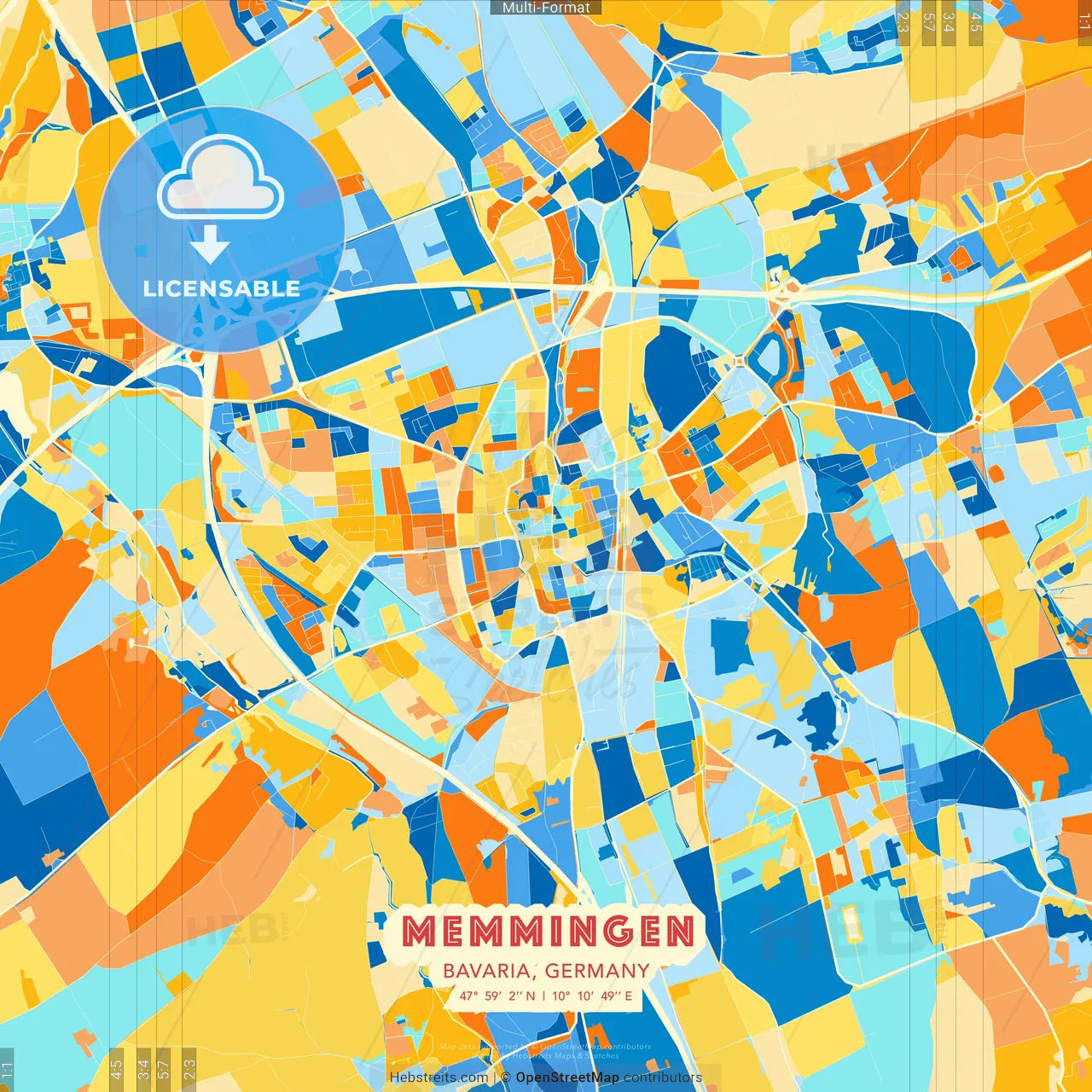 Memmingen, Bavaria, Germany blue and orange vector art map template