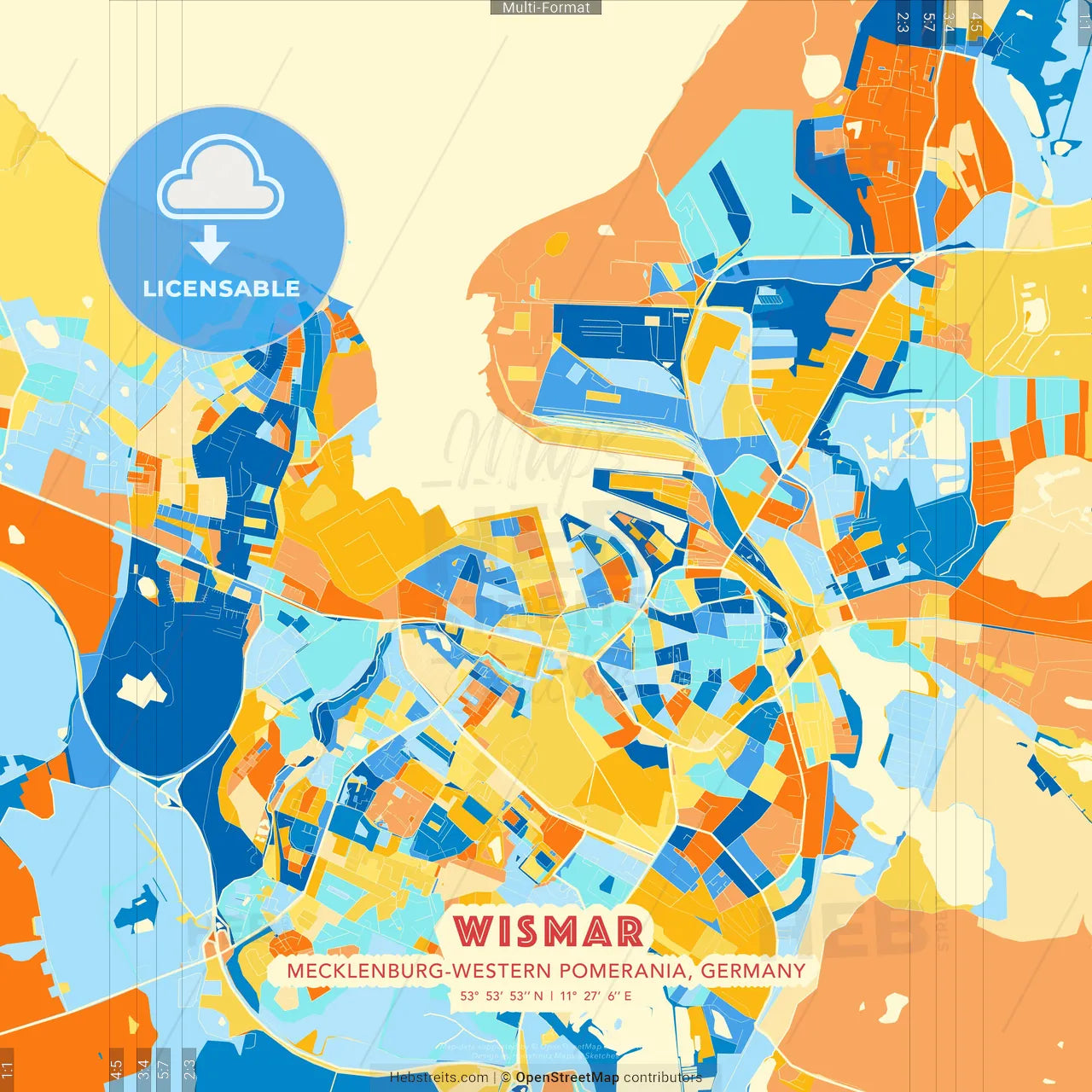 Wismar, Mecklenburg-Western Pomerania, Germany blue and orange vector art map template