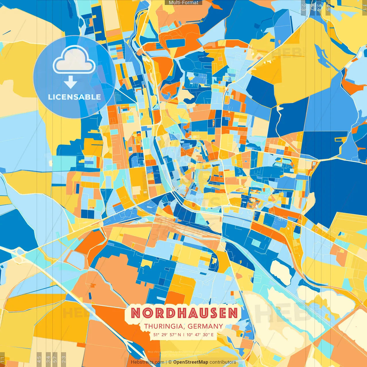 Nordhausen, Thuringia, Germany blue and orange vector art map template