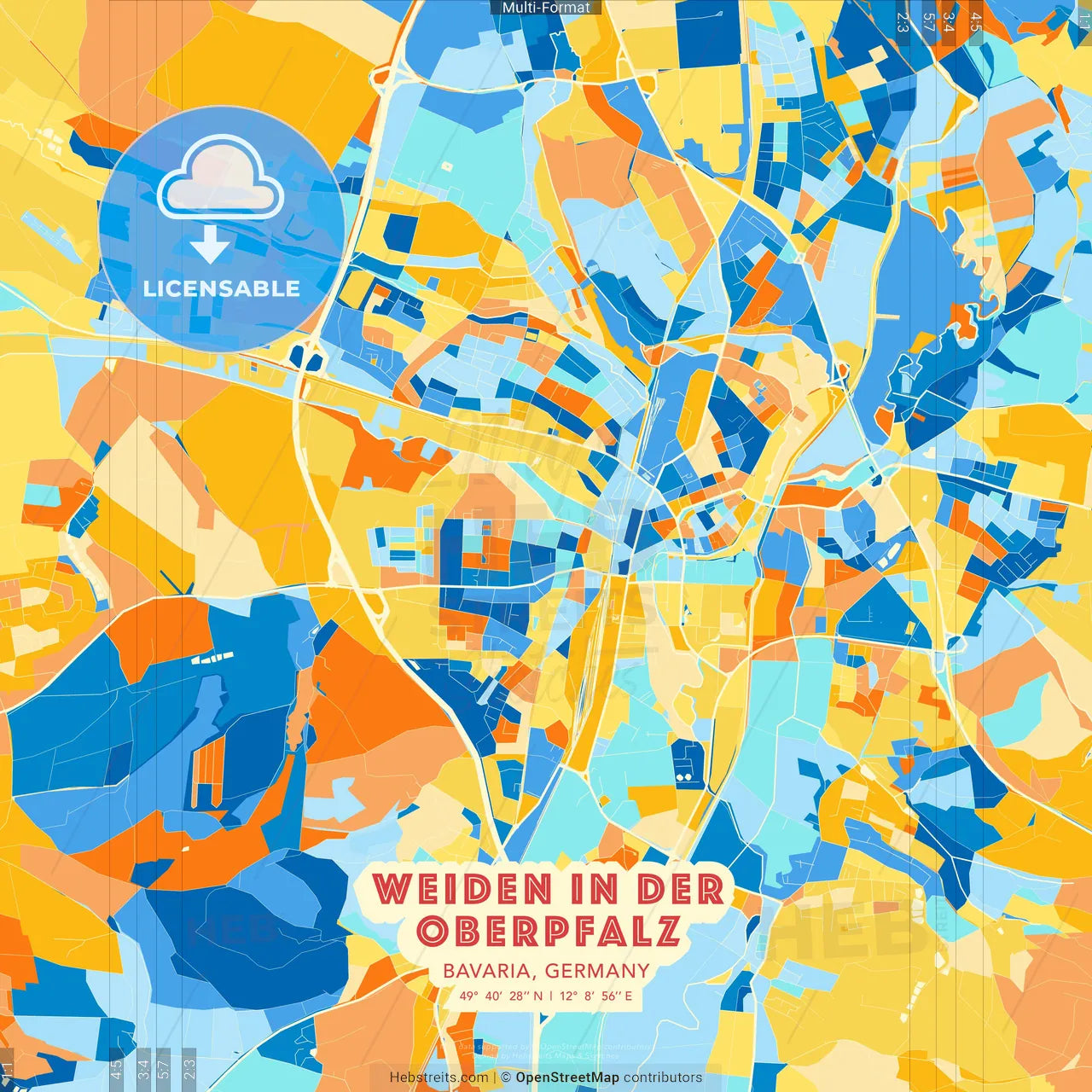 Weiden in der Oberpfalz, Bavaria, Germany blue and orange vector art map template