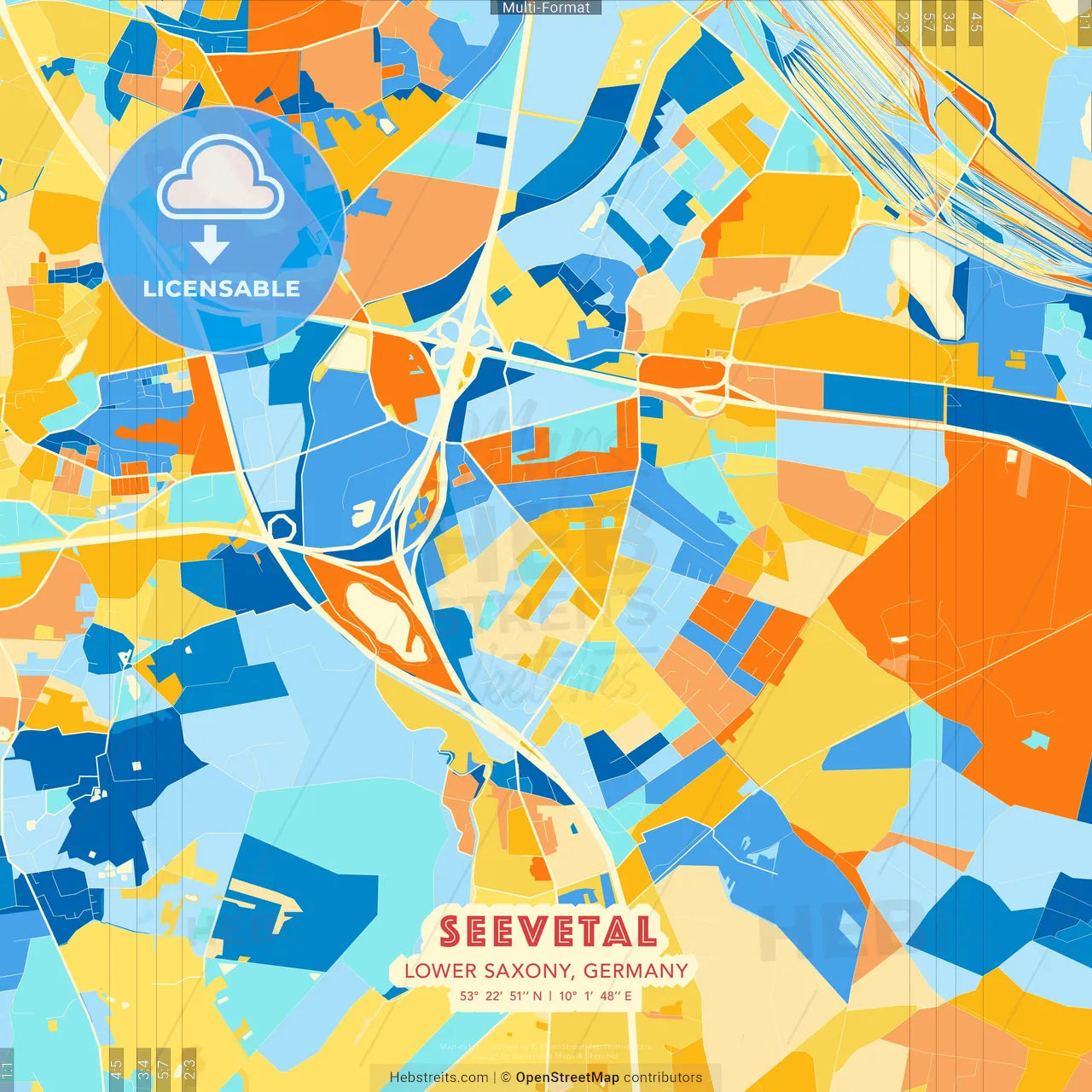 Seevetal, Lower Saxony, Germany blue and orange vector art map template