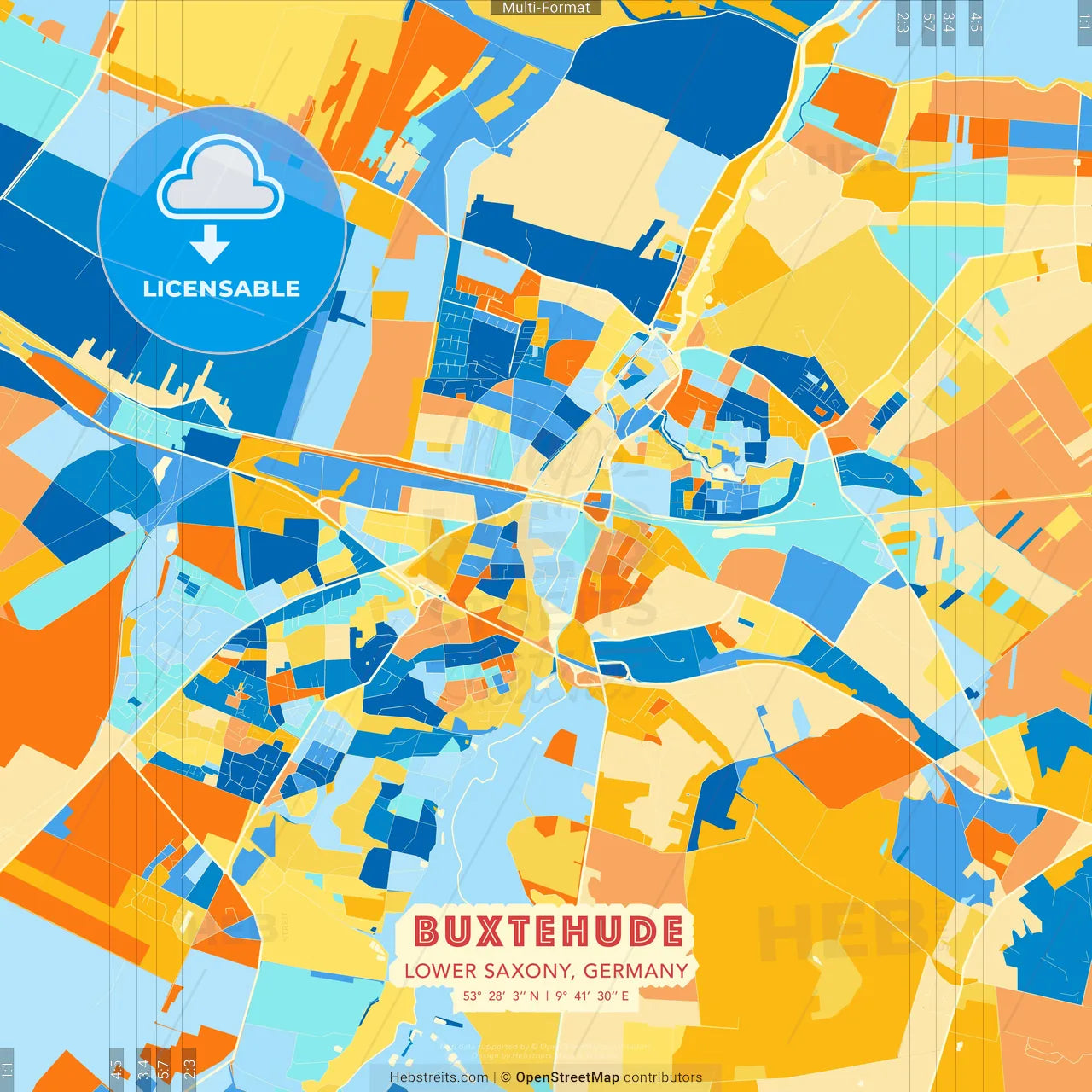 Buxtehude, Lower Saxony, Germany blue and orange vector art map template
