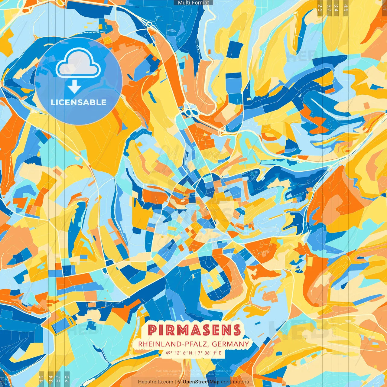 Pirmasens, Rheinland-Pfalz, Germany blue and orange vector art map template