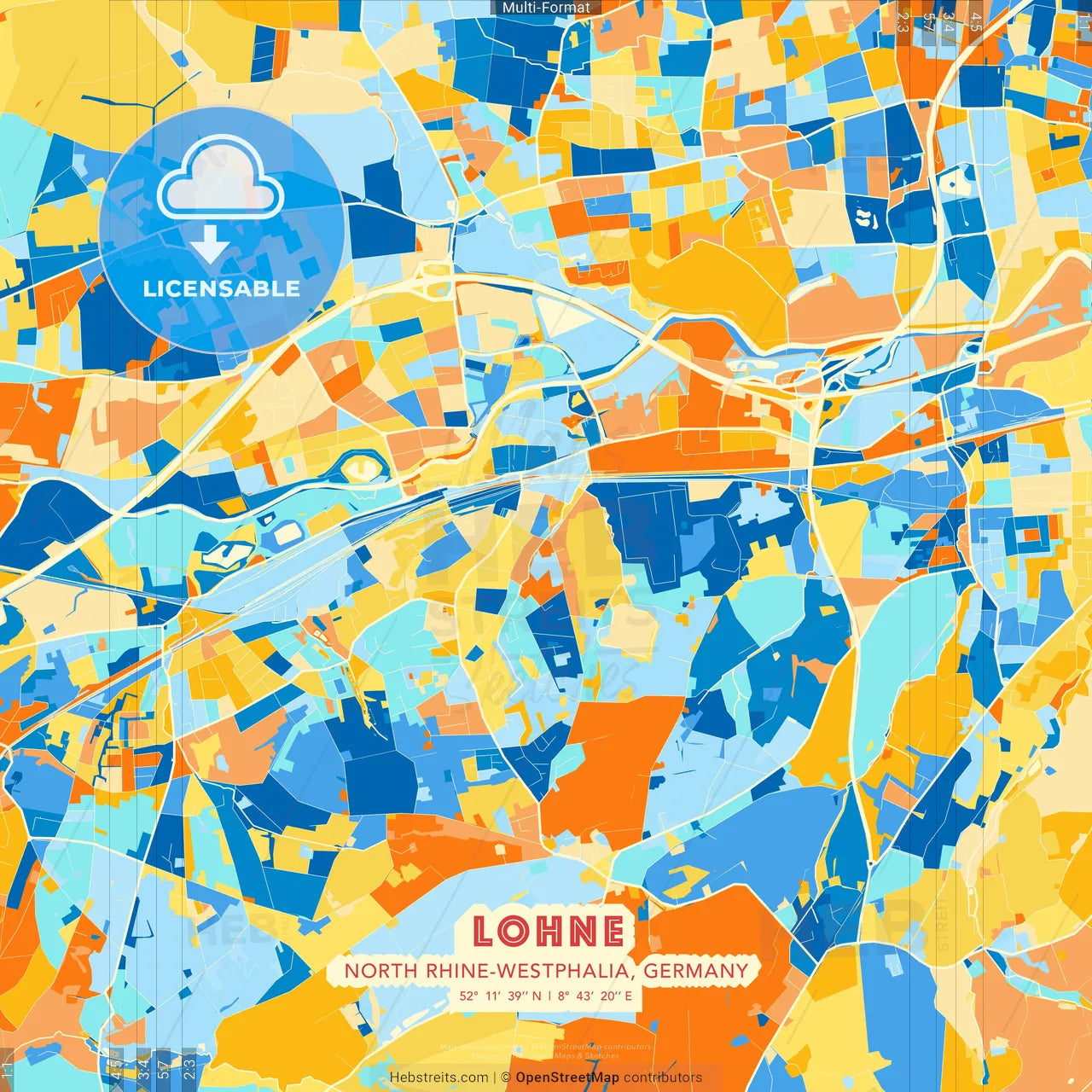 Lohne, North Rhine-Westphalia, Germany blue and orange vector art map template