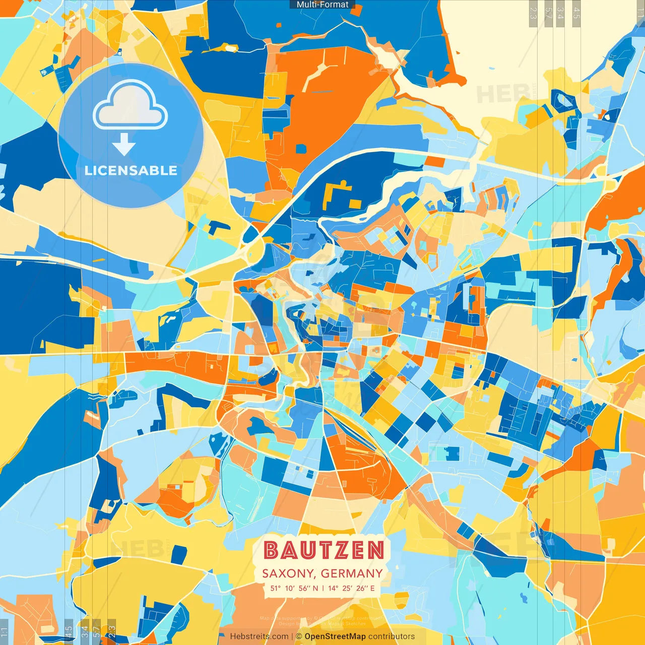 Bautzen, Saxony, Germany blue and orange vector art map template