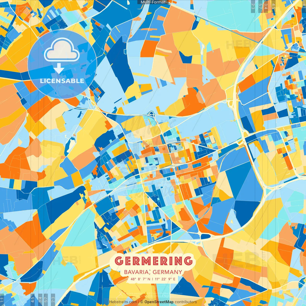 Germering, Bavaria, Germany blue and orange vector art map template