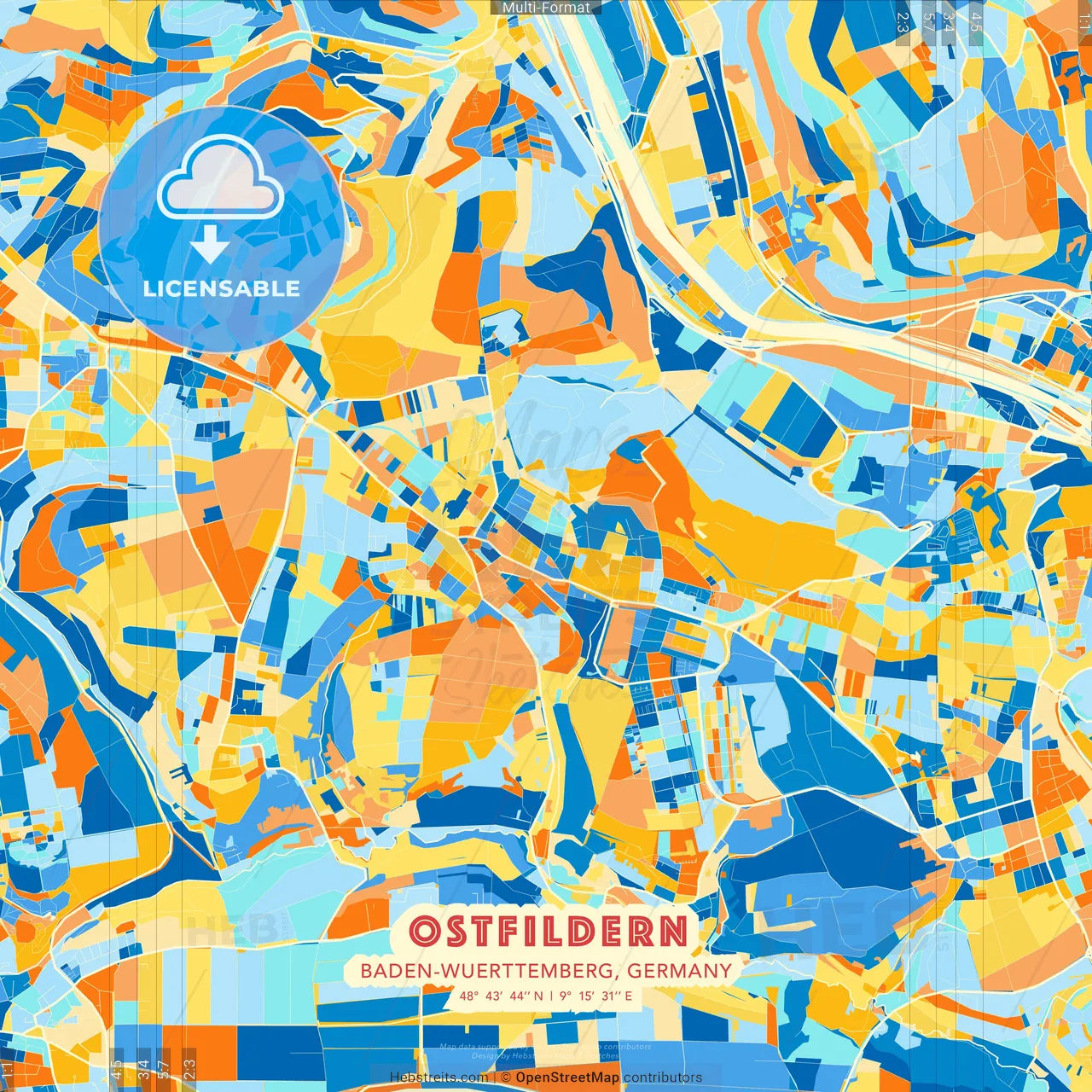 Ostfildern, Baden-Wuerttemberg, Germany blue and orange vector art map template