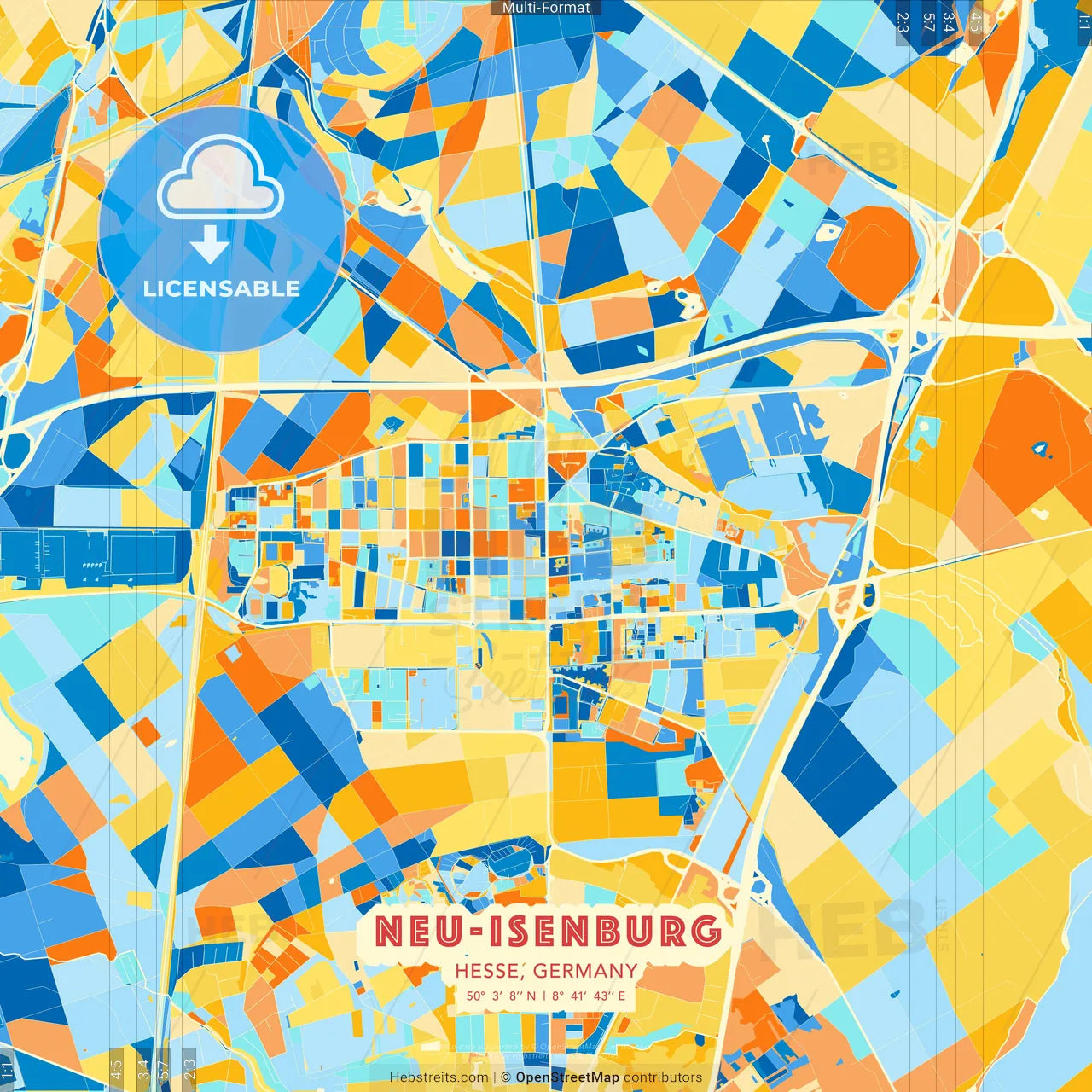 Neu-Isenburg, Hesse, Germany blue and orange vector art map template