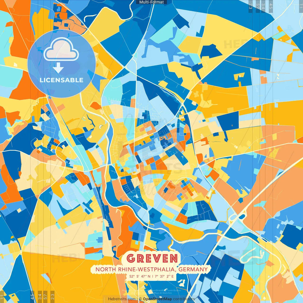 Greven, North Rhine-Westphalia, Germany blue and orange vector art map template