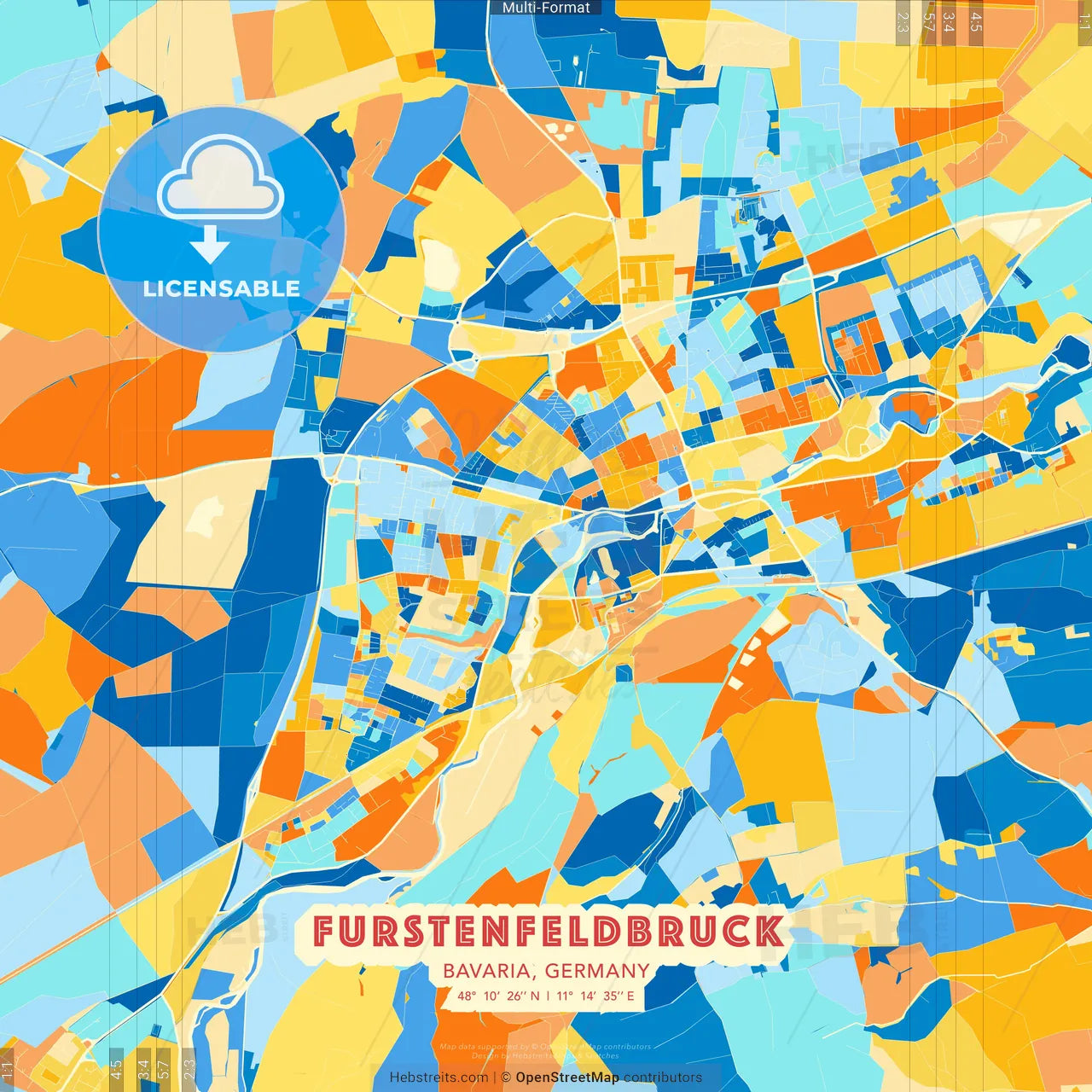 Furstenfeldbruck, Bavaria, Germany blue and orange vector art map template