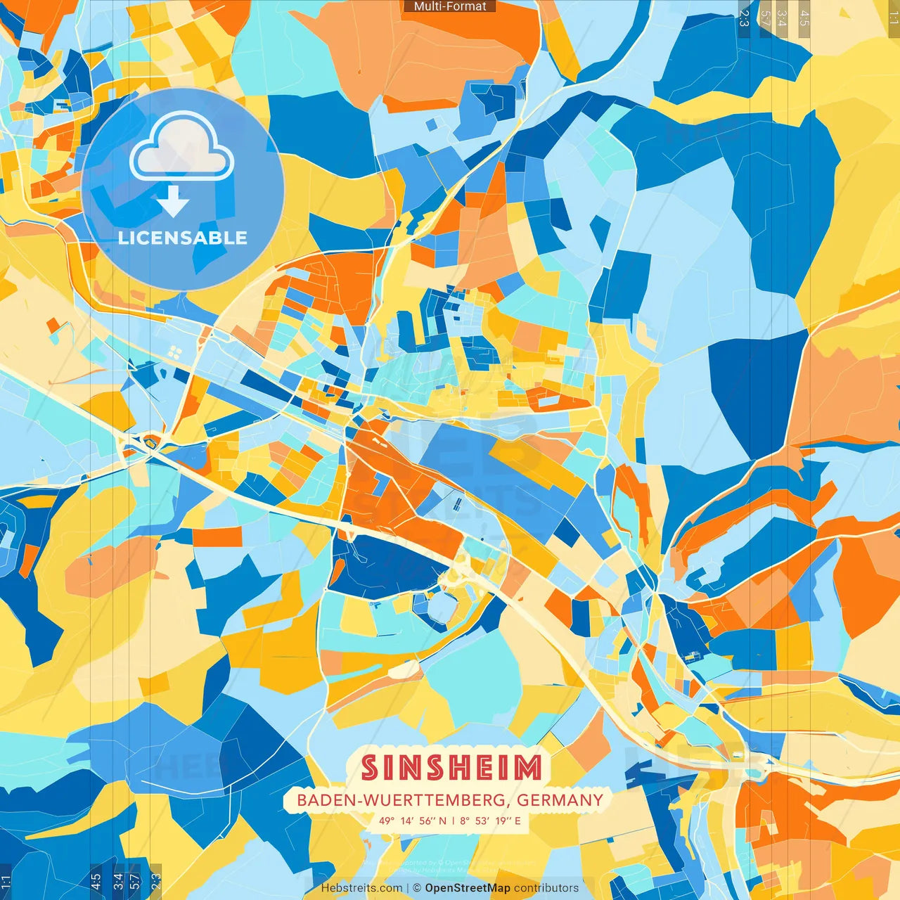 Sinsheim, Baden-Wuerttemberg, Germany blue and orange vector art map template