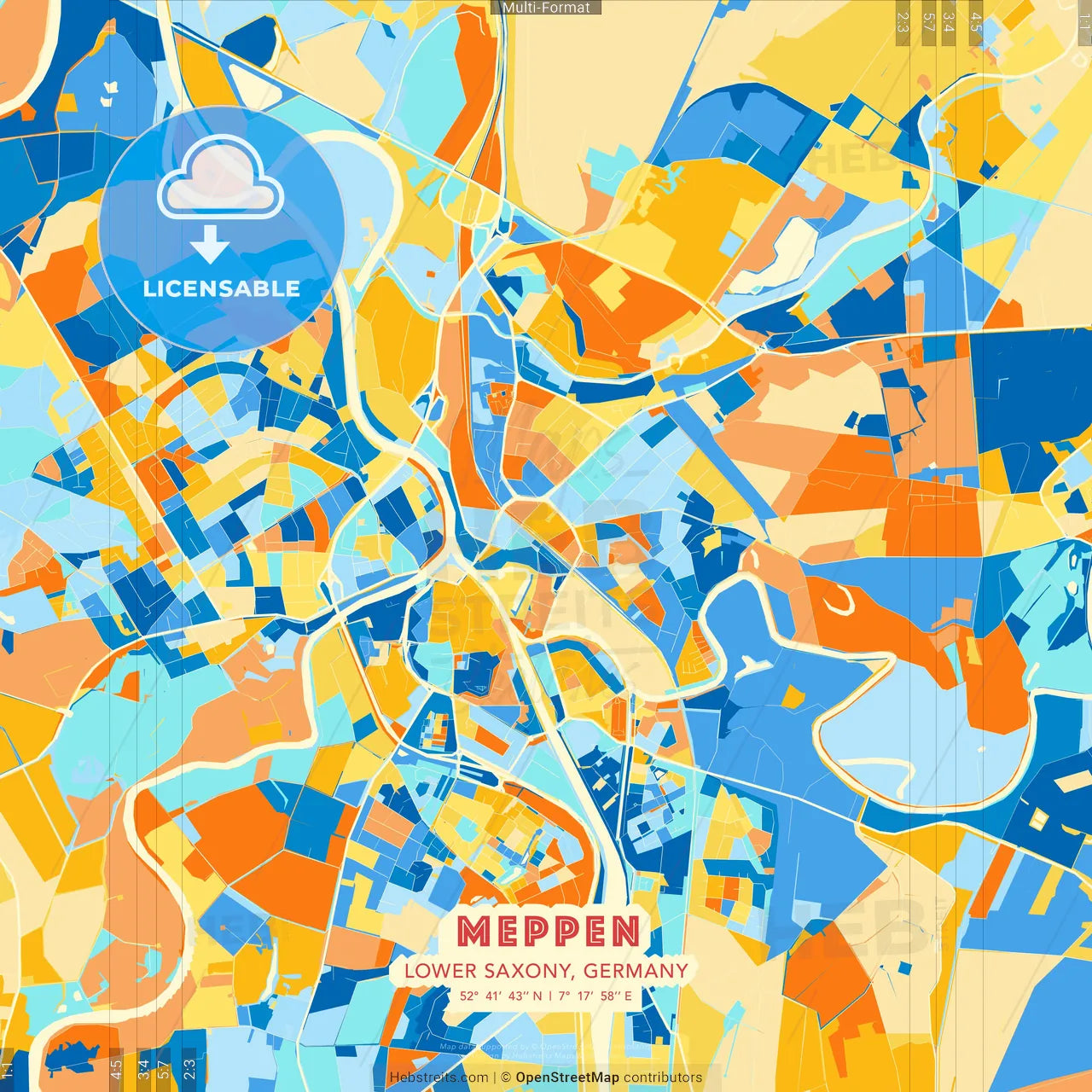 Meppen, Lower Saxony, Germany blue and orange vector art map template