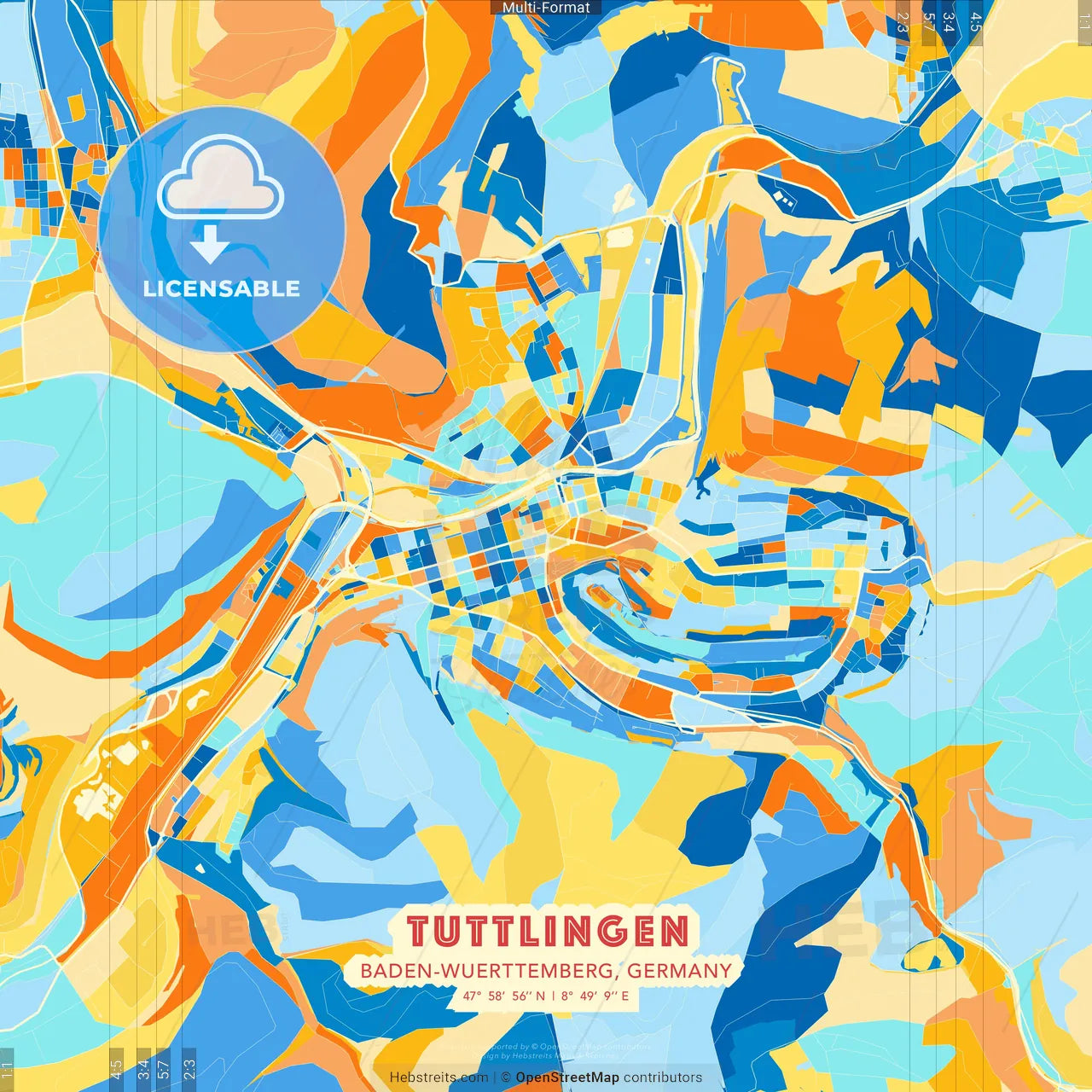 Tuttlingen, Baden-Wuerttemberg, Germany blue and orange vector art map template
