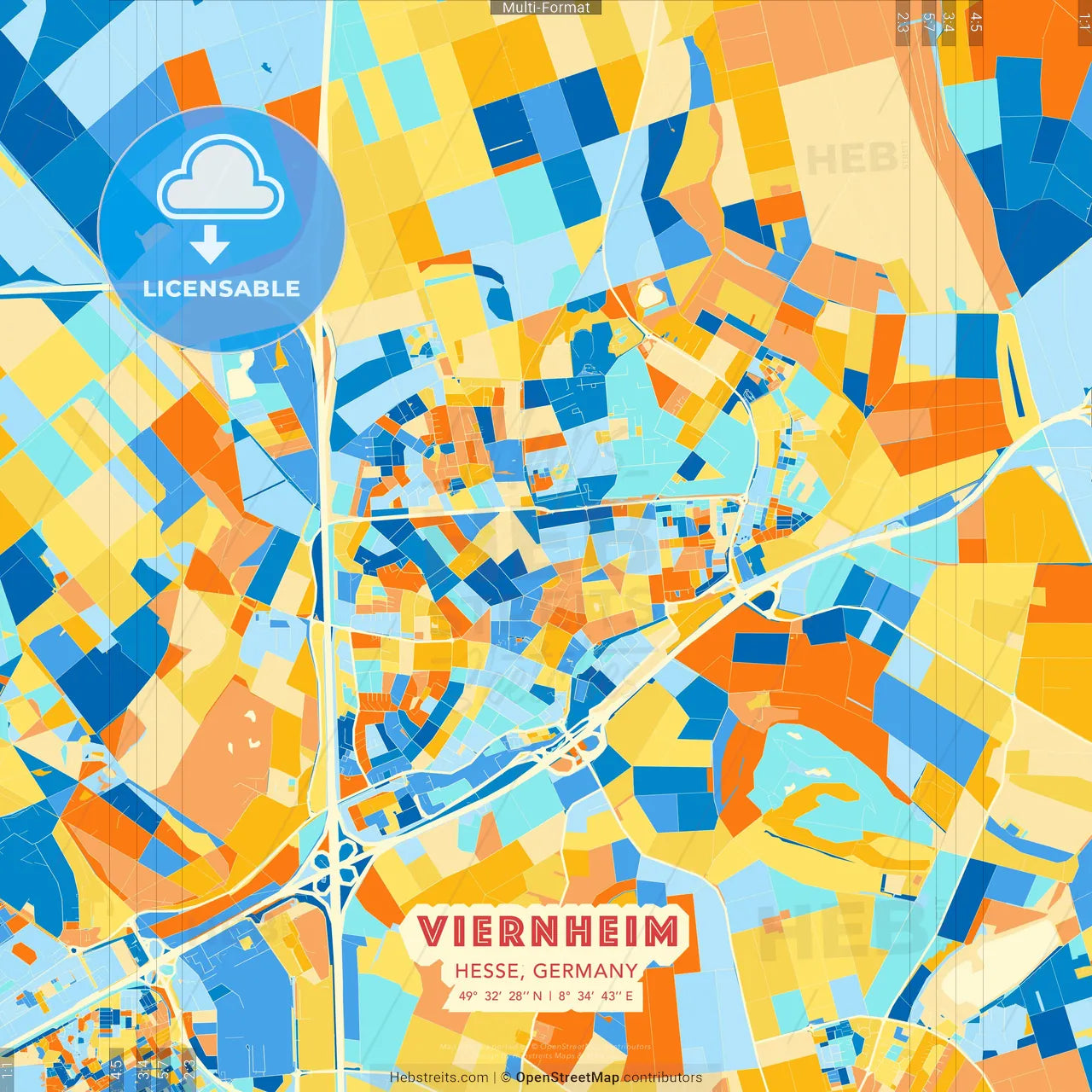 Viernheim, Hesse, Germany blue and orange vector art map template