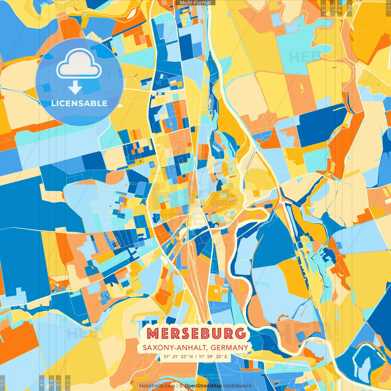 Merseburg, Saxony-Anhalt, Germany blue and orange vector art map template