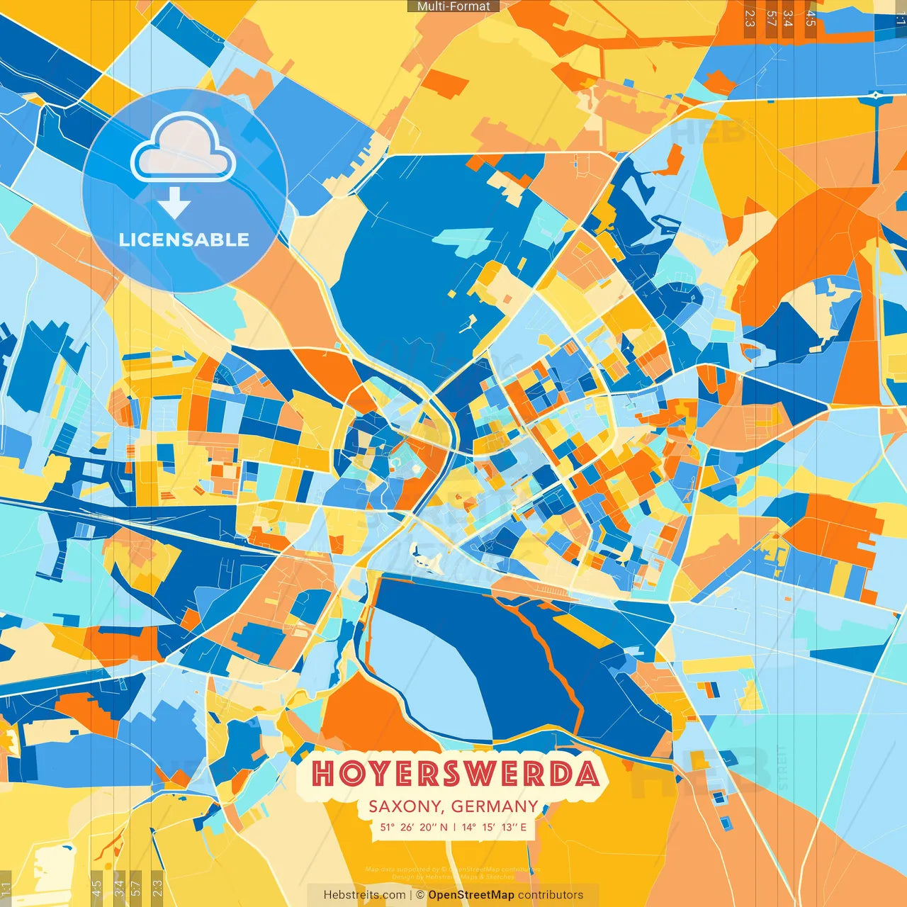 Hoyerswerda, Saxony, Germany blue and orange vector art map template