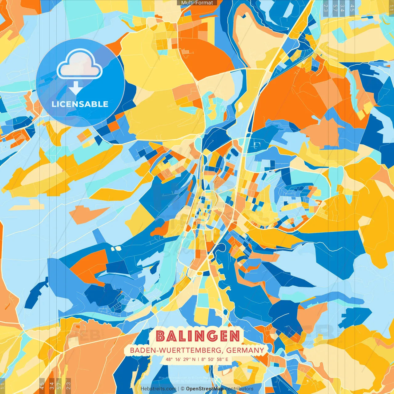 Balingen, Baden-Wuerttemberg, Germany blue and orange vector art map template