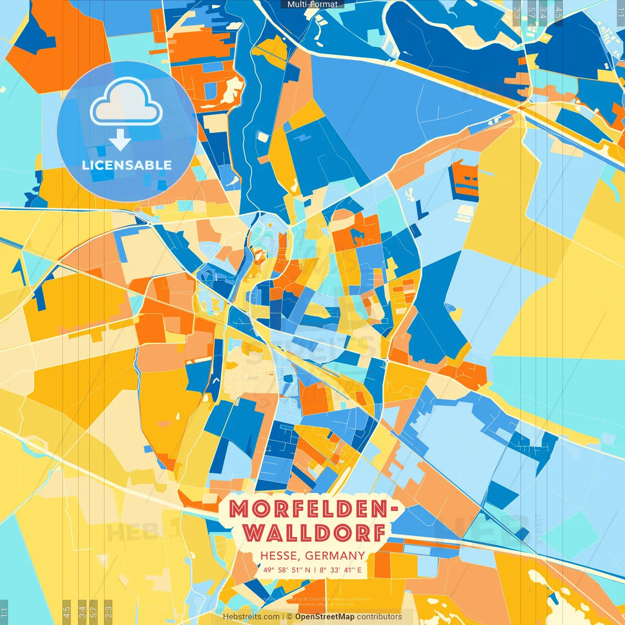 Morfelden-Walldorf, Hesse, Germany blue and orange vector art map template
