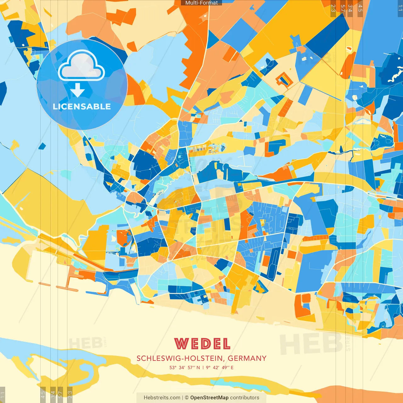 Wedel, Schleswig-Holstein, Germany blue and orange vector art map template