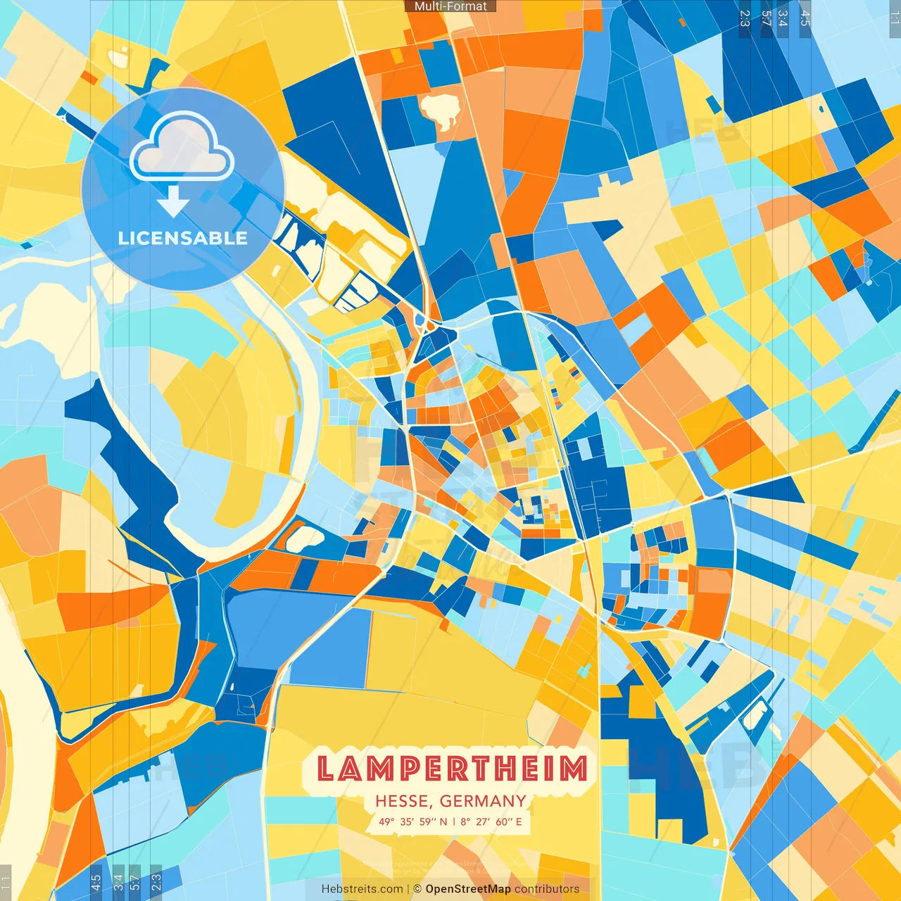 Lampertheim, Hesse, Germany blue and orange vector art map template