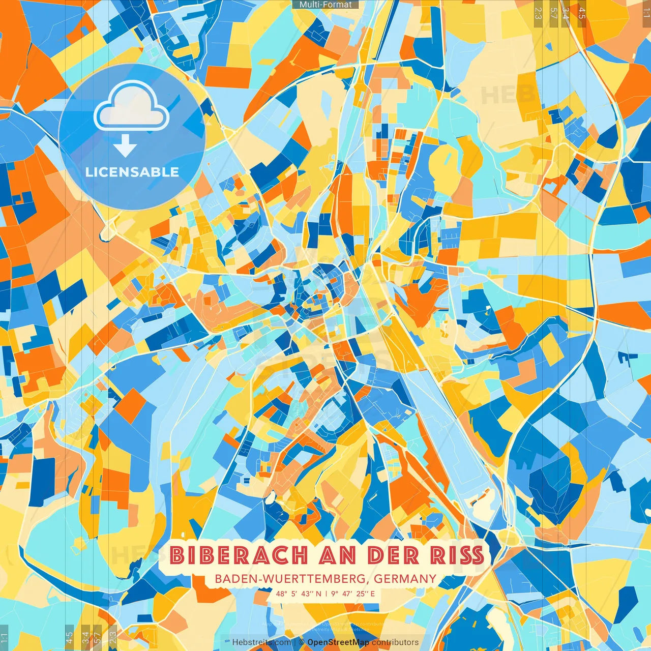 Biberach an der Riß, Baden-Wuerttemberg, Germany blue and orange vector art map template