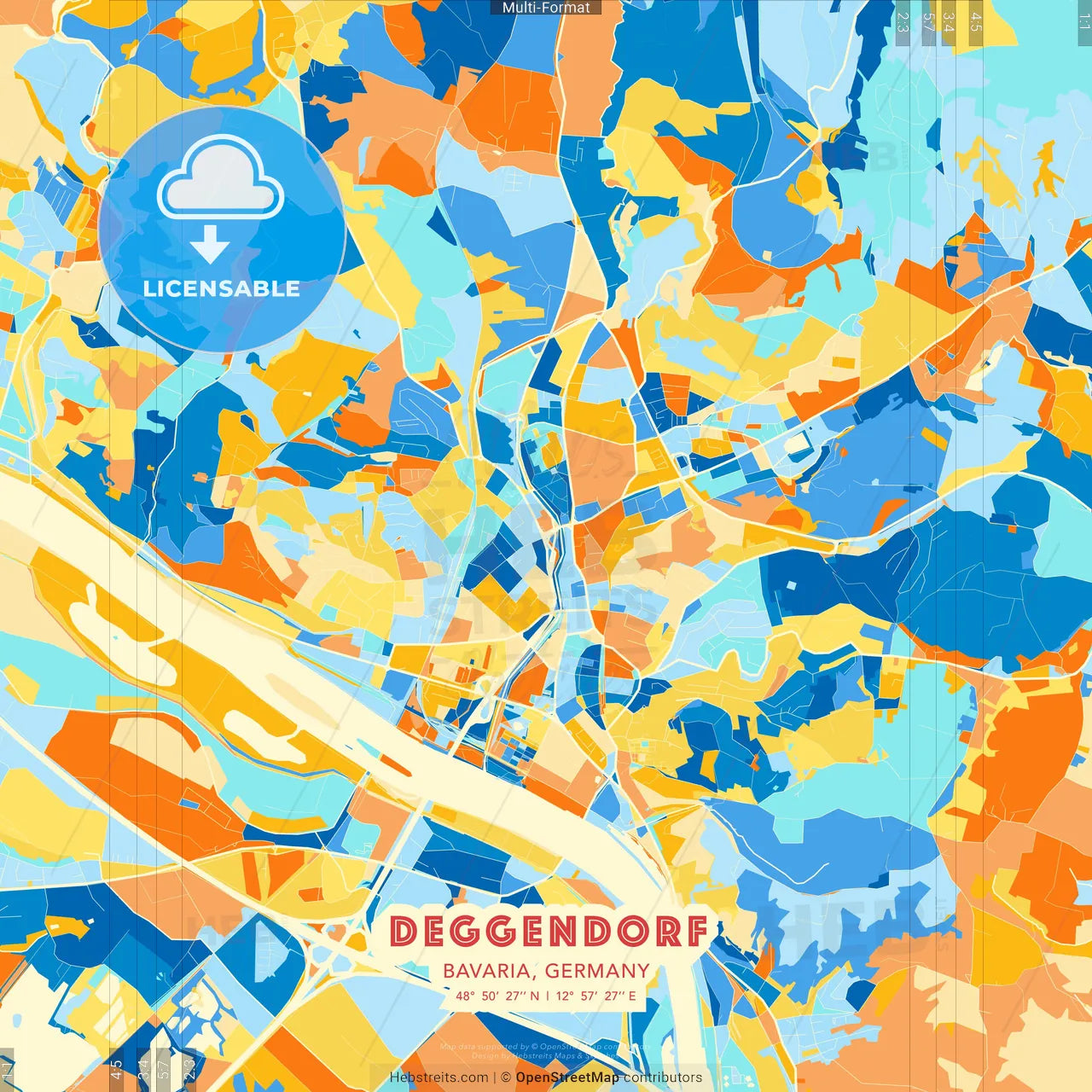 Deggendorf, Bavaria, Germany blue and orange vector art map template