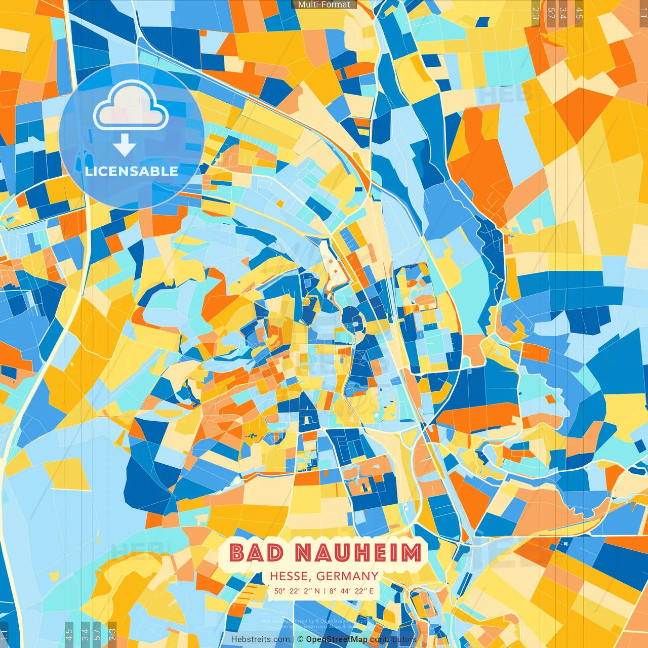 Bad Nauheim, Hesse, Germany blue and orange vector art map template