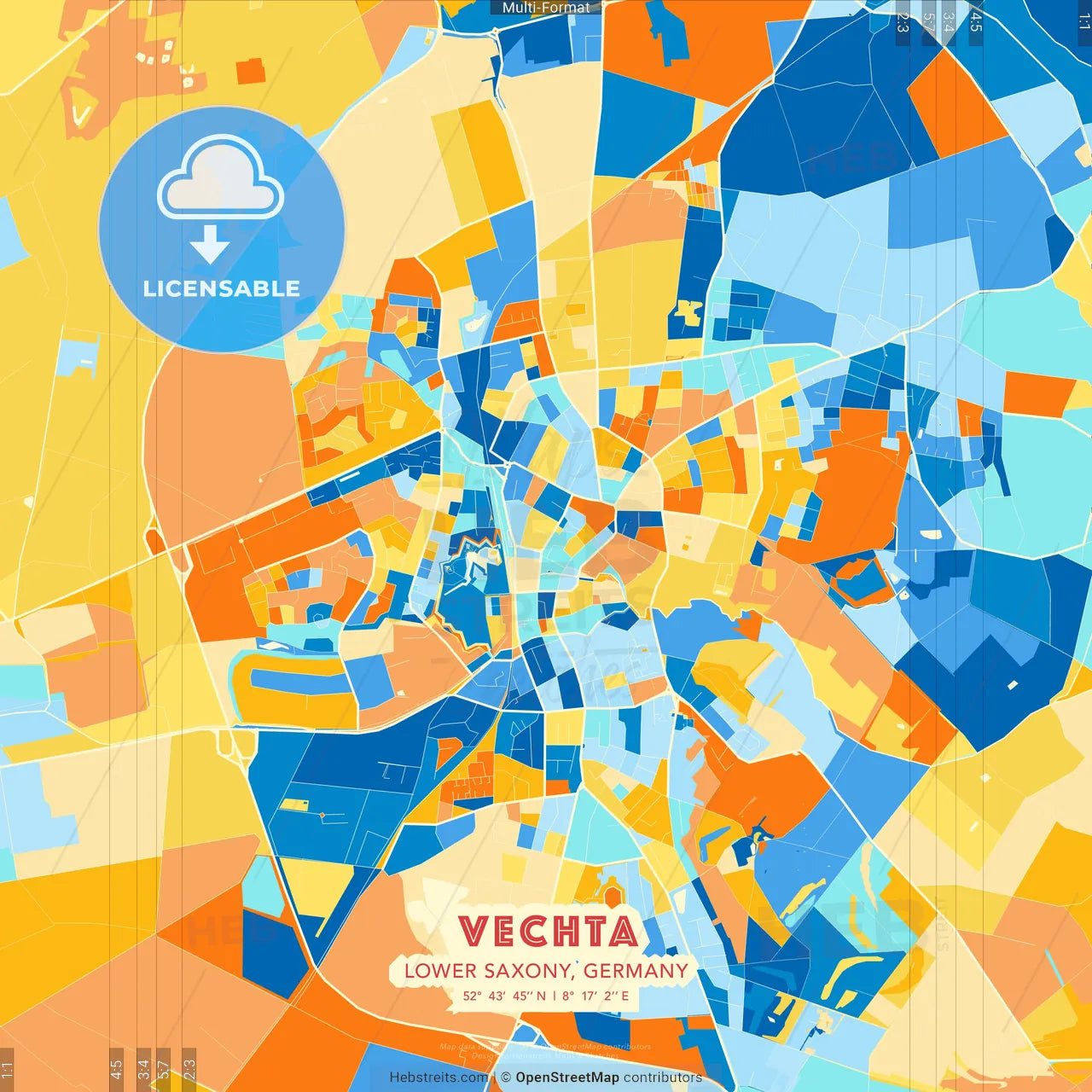 Vechta, Lower Saxony, Germany blue and orange vector art map template