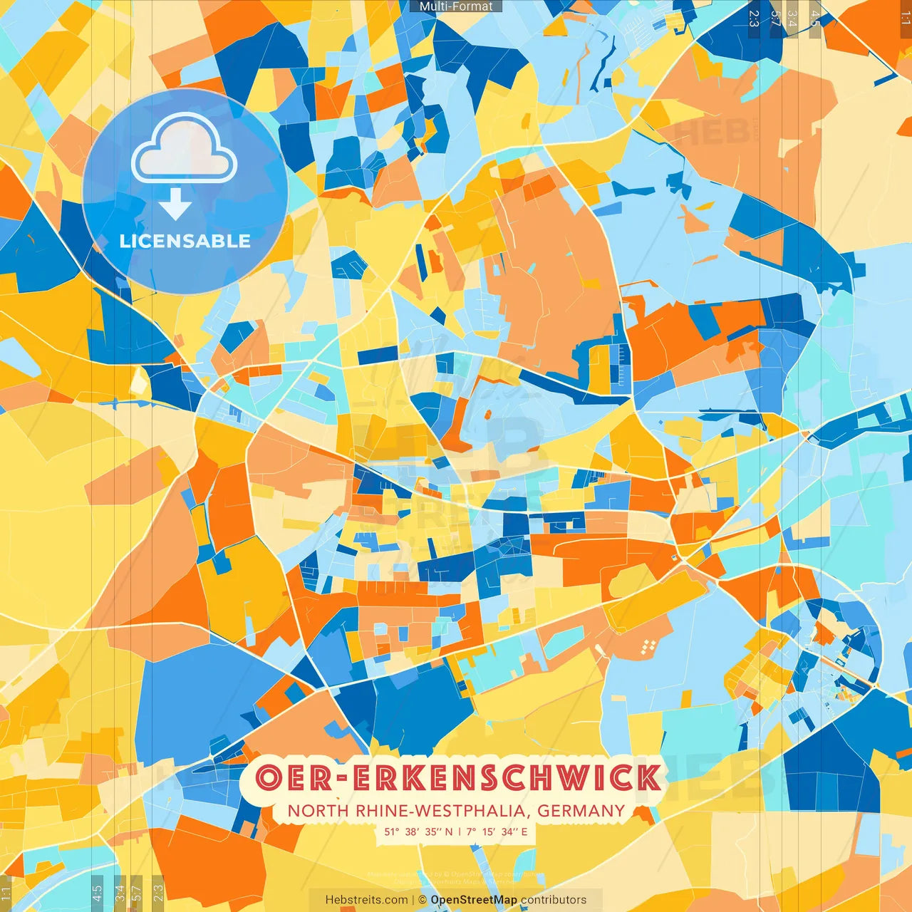 Oer-Erkenschwick, North Rhine-Westphalia, Germany blue and orange vector art map template