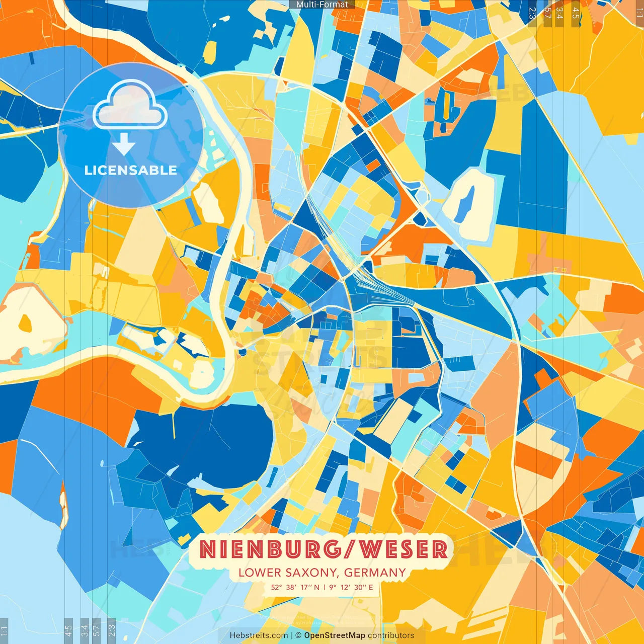 Nienburg/Weser, Lower Saxony, Germany blue and orange vector art map template