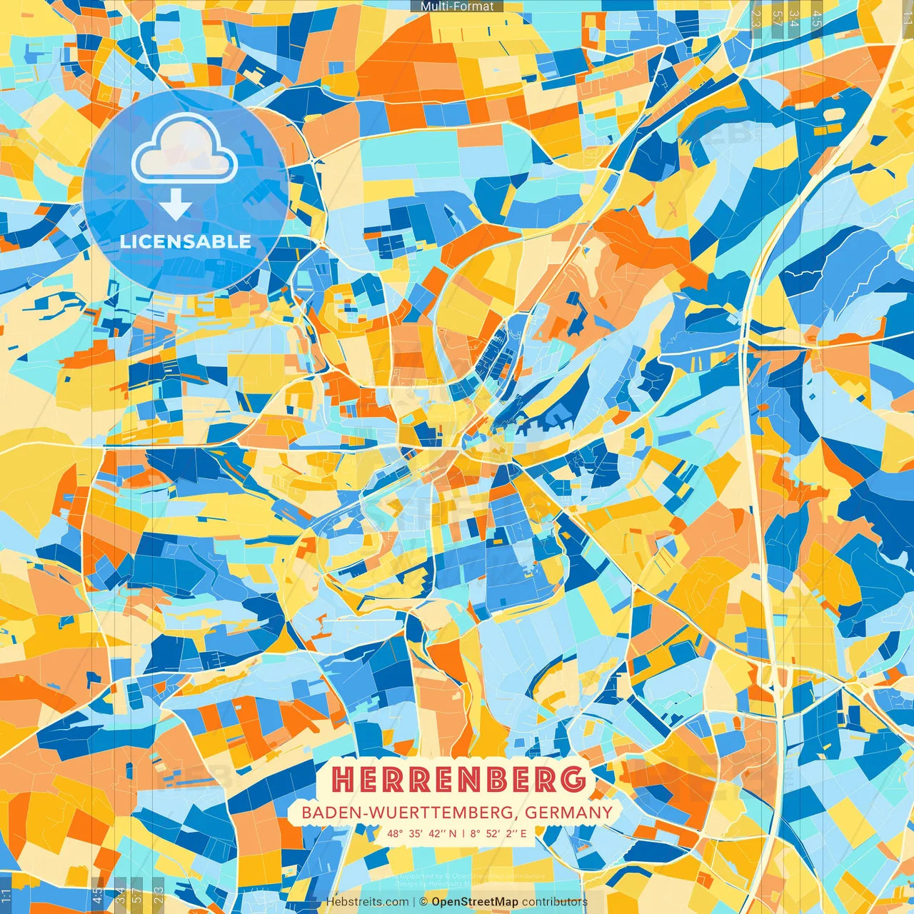 Herrenberg, Baden-Wuerttemberg, Germany blue and orange vector art map template