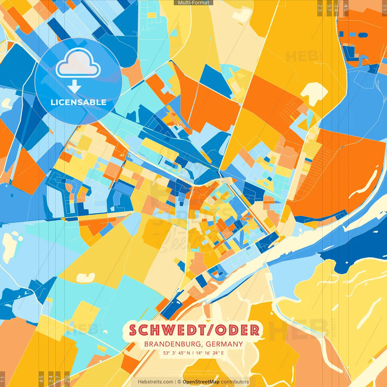 Schwedt/Oder, Brandenburg, Germany blue and orange vector art map template