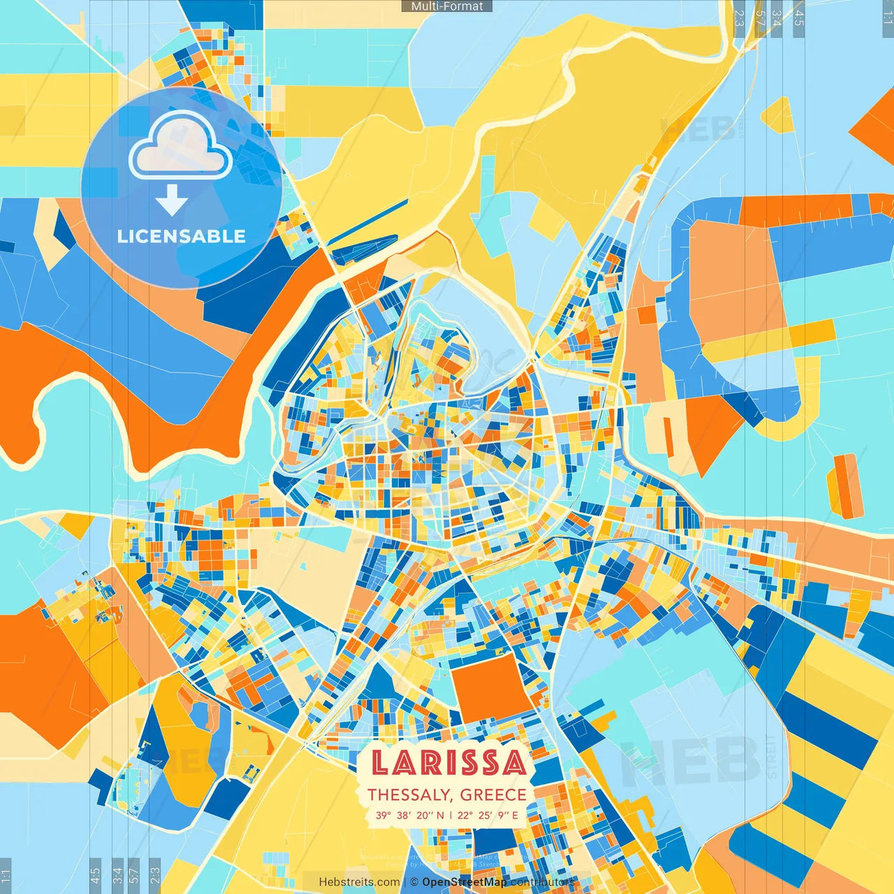 Larissa, Thessaly, Greece blue and orange vector art map template