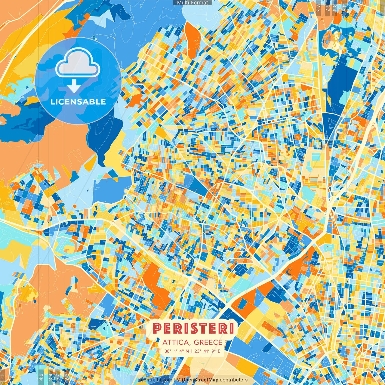 Peristeri, Attica, Greece blue and orange vector art map template