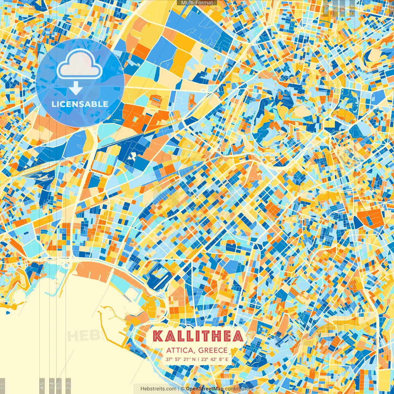 Kallithea, Attica, Greece blue and orange vector art map template
