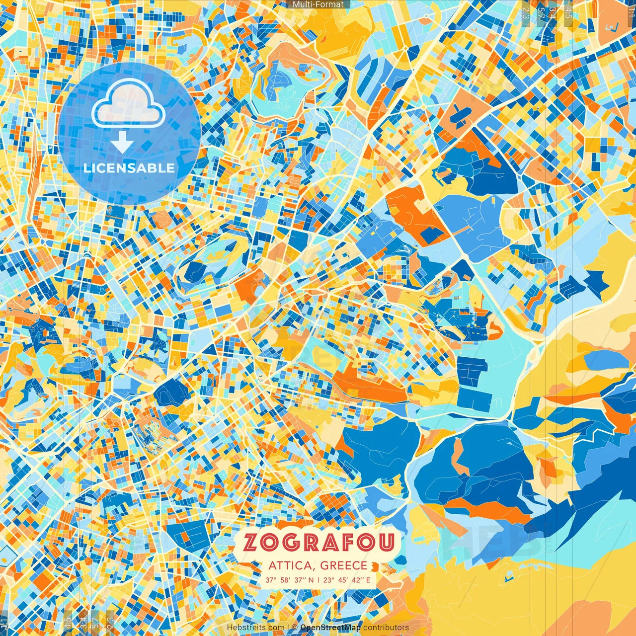 Zografou, Attica, Greece blue and orange vector art map template